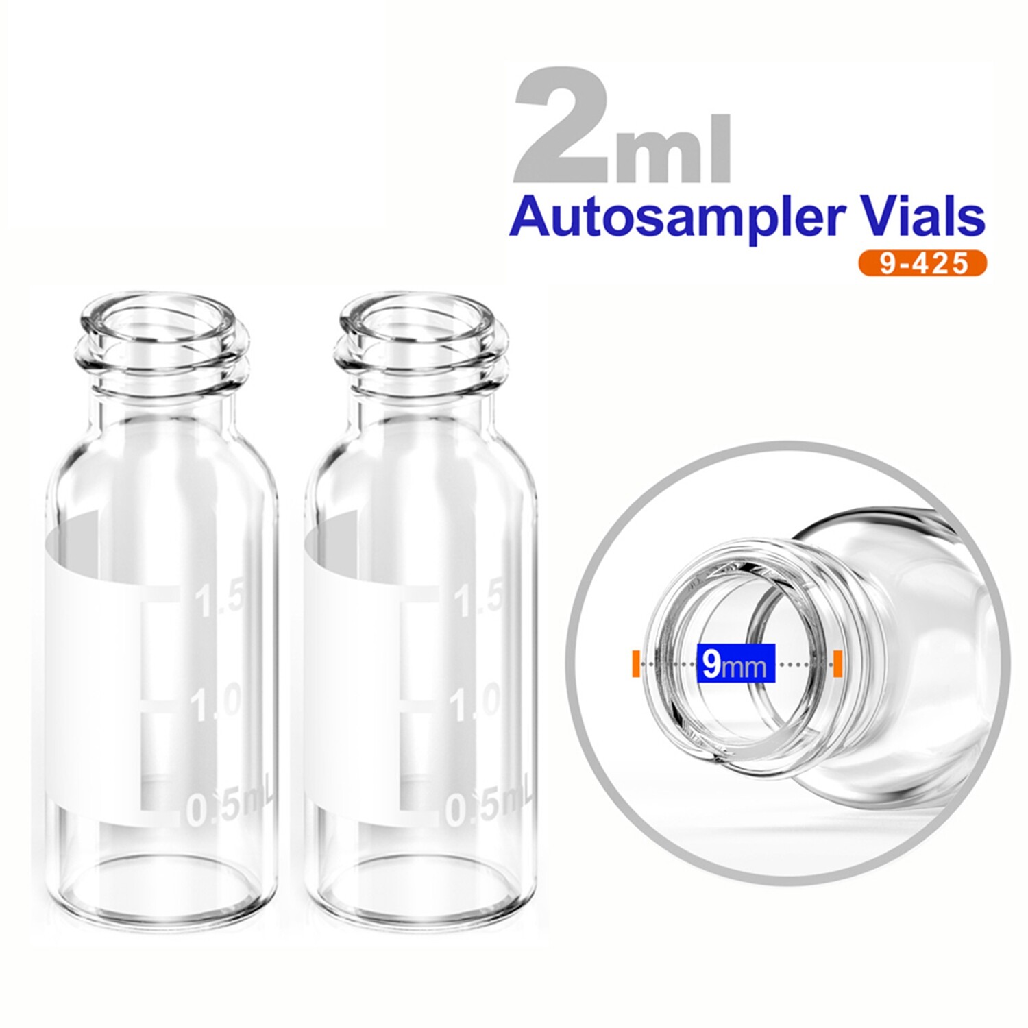 1000x Lab 2ml 9-425 Autosampler Glass Amber/Clear Vials Screw Cap PTFE Silicone