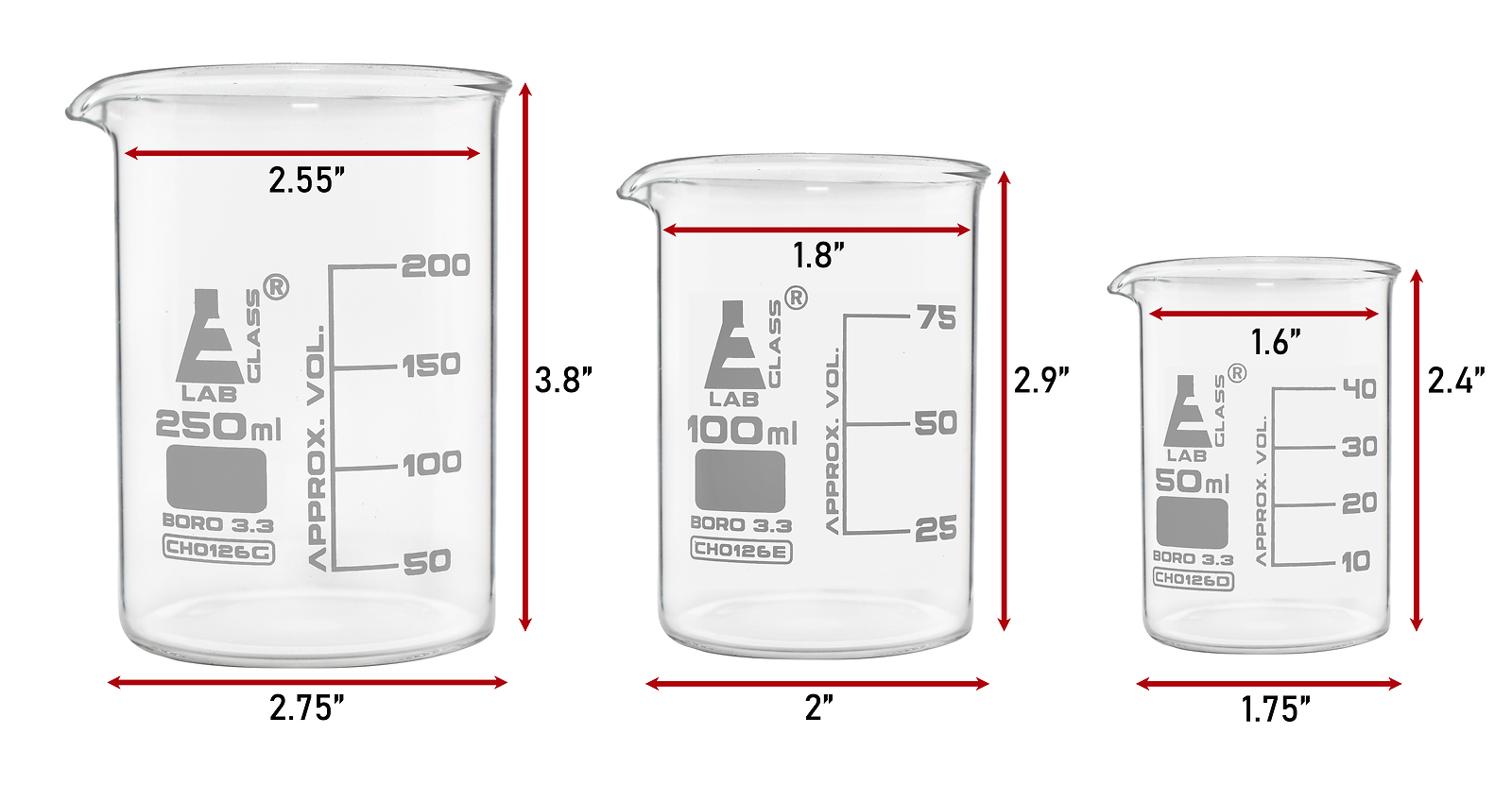 Glass Beaker Set, 50/100/250mL – Low Form – Packed in Foam Insert – Eisco Labs