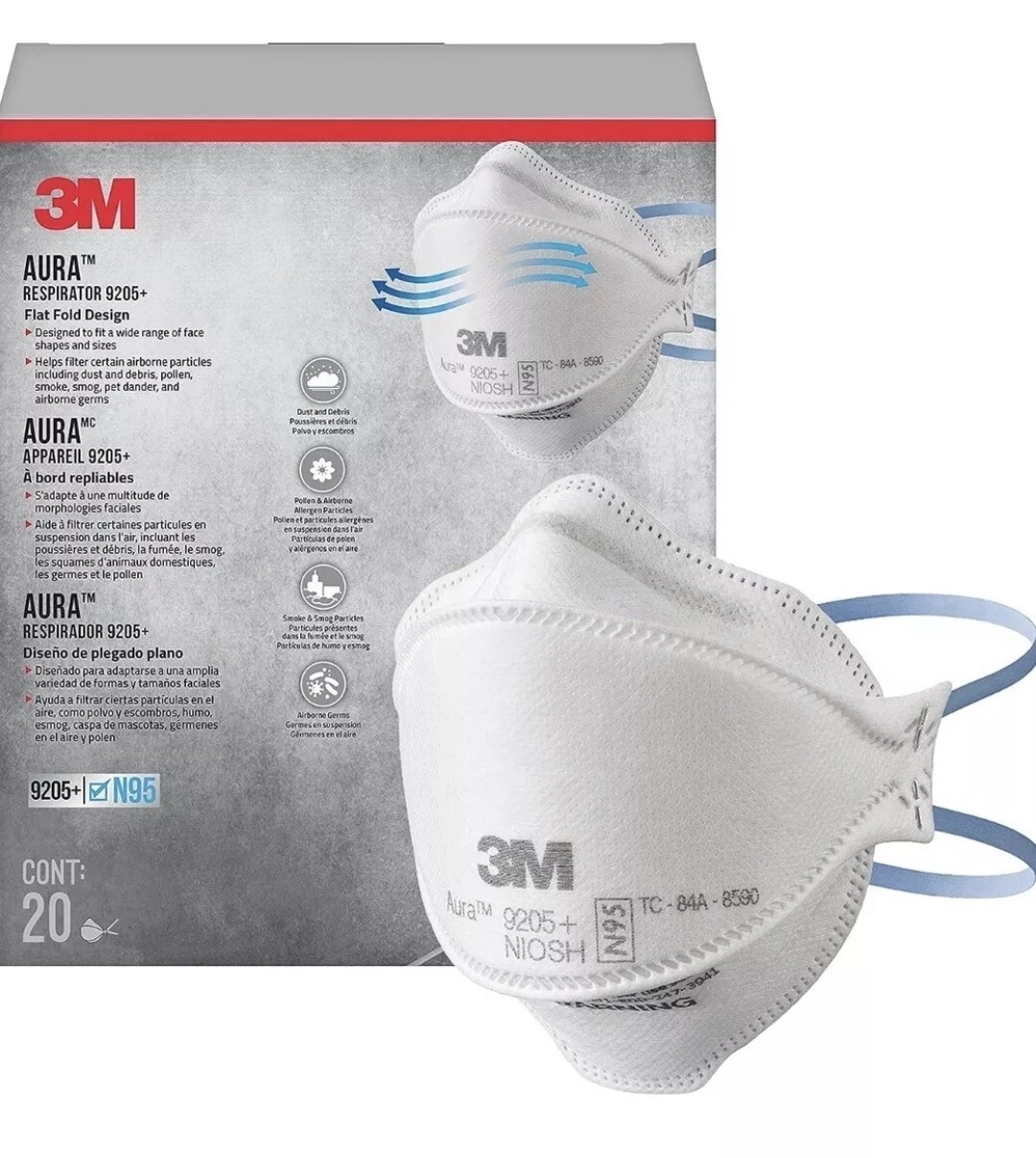 3M 9205+ AURA N95 NIOSH Disposable Particulate Protective Respirator 20 count