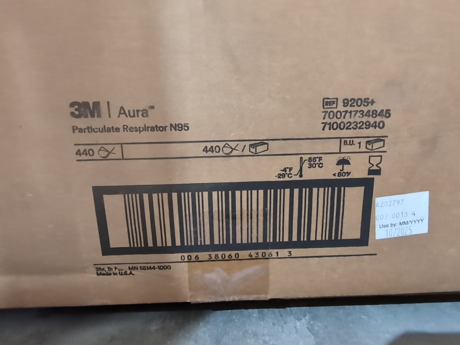 QTY 440 3M Aura 9205+ N95 NIOSH Disposable Respirator Face Mask Case Box 10/2025