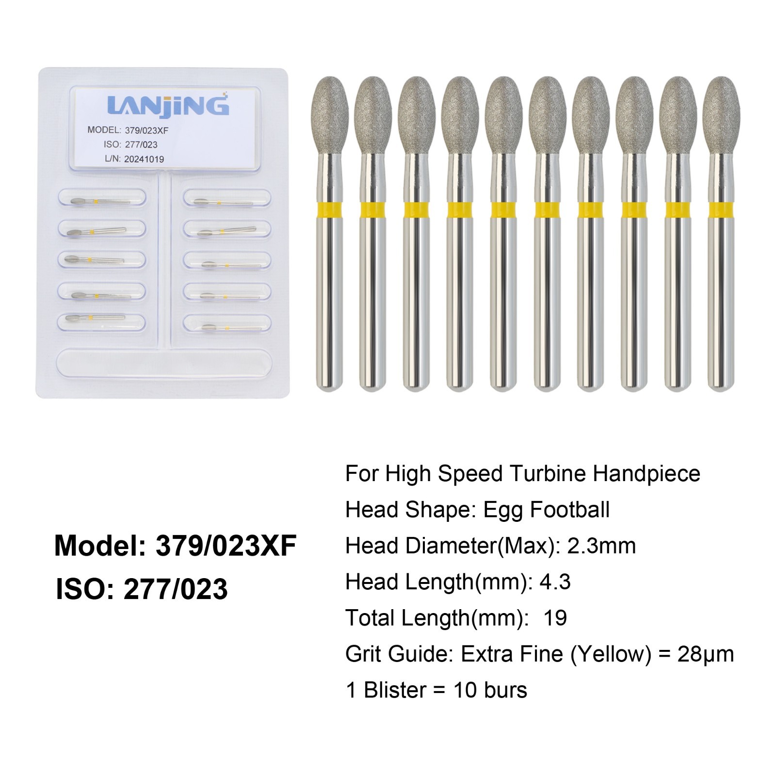 Dental Diamond Burs Egg Football Diamond Bur FG Extra Fine High Speed 379/023XF