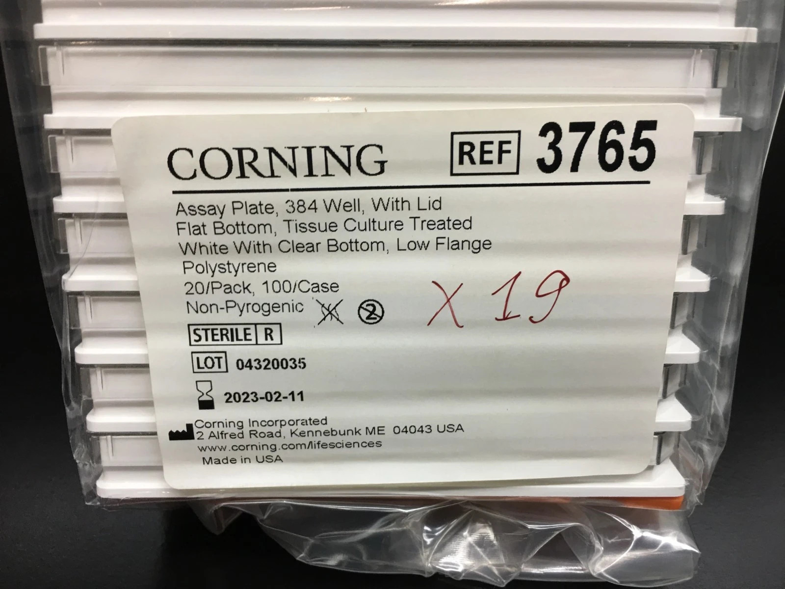 Corning REF 3765 Cell Culture Treated 384 Well Flat-Bottom Microplate Lot 19 PCS