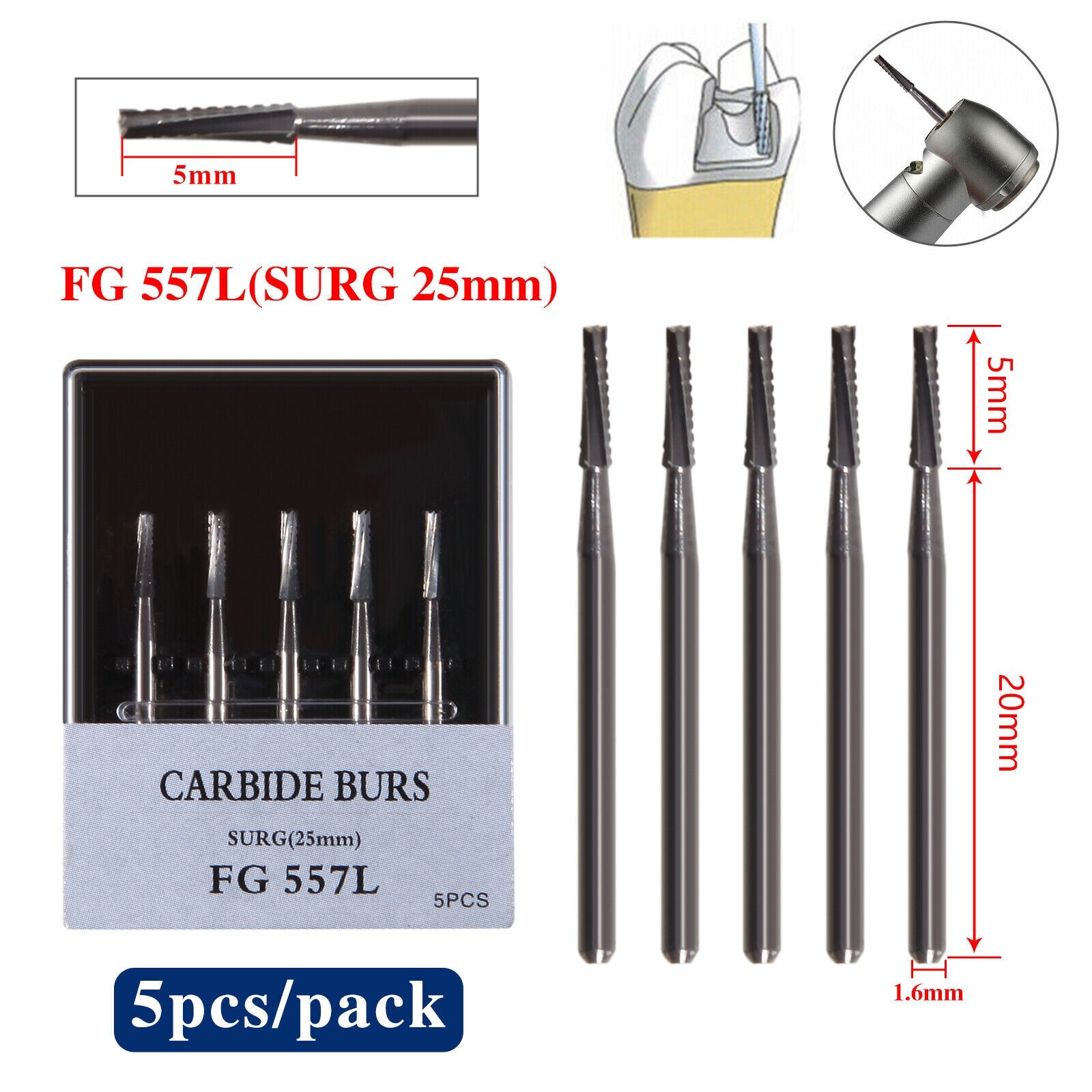 3 packs Dental Long Surgical Burs FG #557L 25mm Shank Tungsten Carbide USA