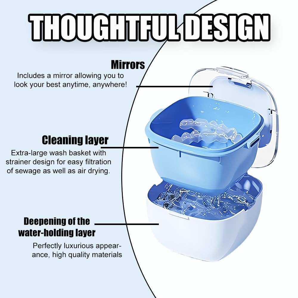 Denture Case, Retainer Cleaning Box, Large Capacity Container Blue