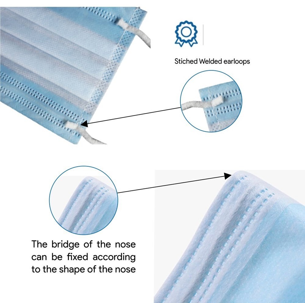 100 Pcs Blue 3-Ply Safety Face Mask – Disposable Non Medical Surgical +Ear bands
