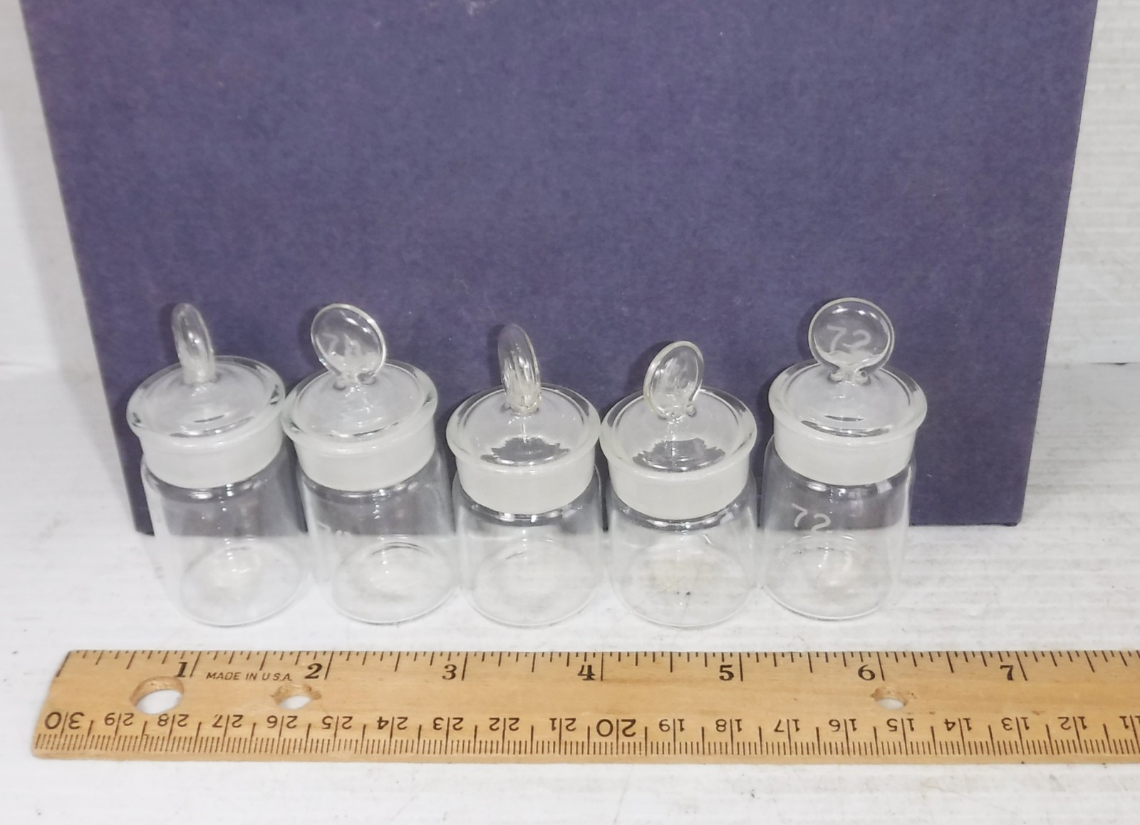 Lab Glass 12mL Tall Form Weighing Bottles with Penny head Stoppers Lot of 5