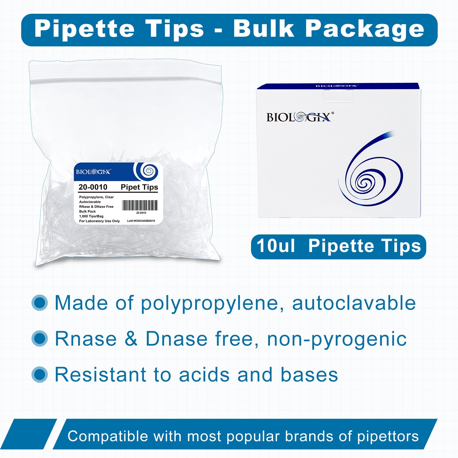 Biologix Pipette Tips -10μl -200μl-1000μl- Extended, Non-Sterile, Bulk Package