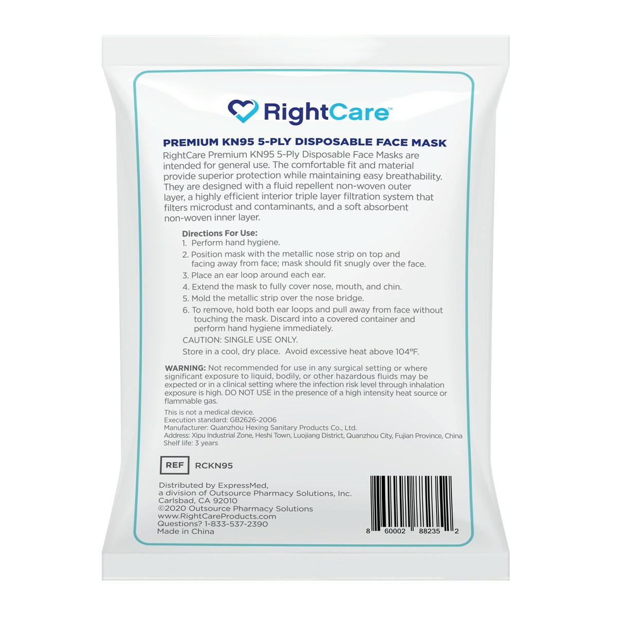 RightCare KN95 Protective Face Mask (Non-Medical), 99% Filter Efficiency 10 Pack