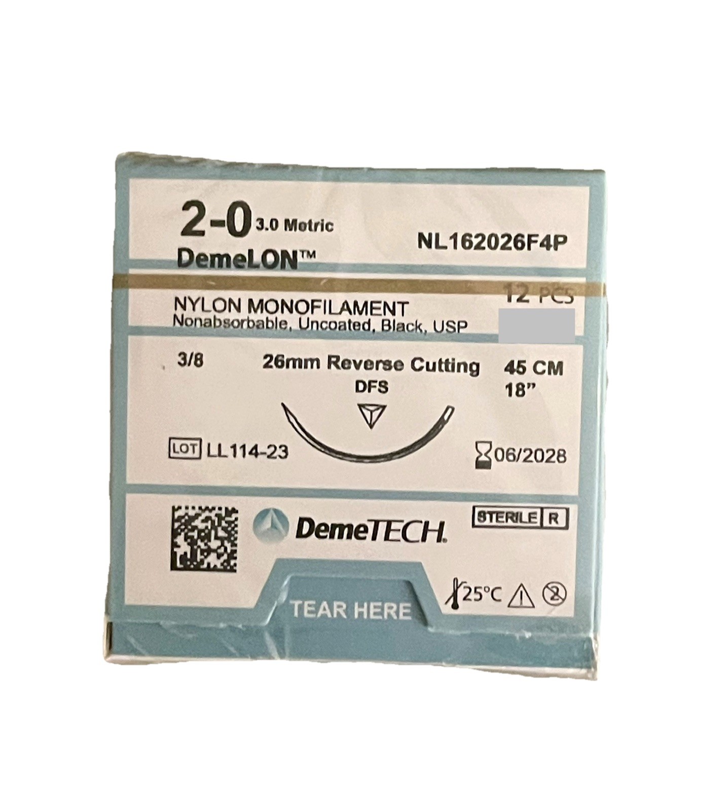 2-0 USP Nylon Surgical Sutures 18” 26mm Reverse Cutting 3/8c EXP 06/2028 12ct