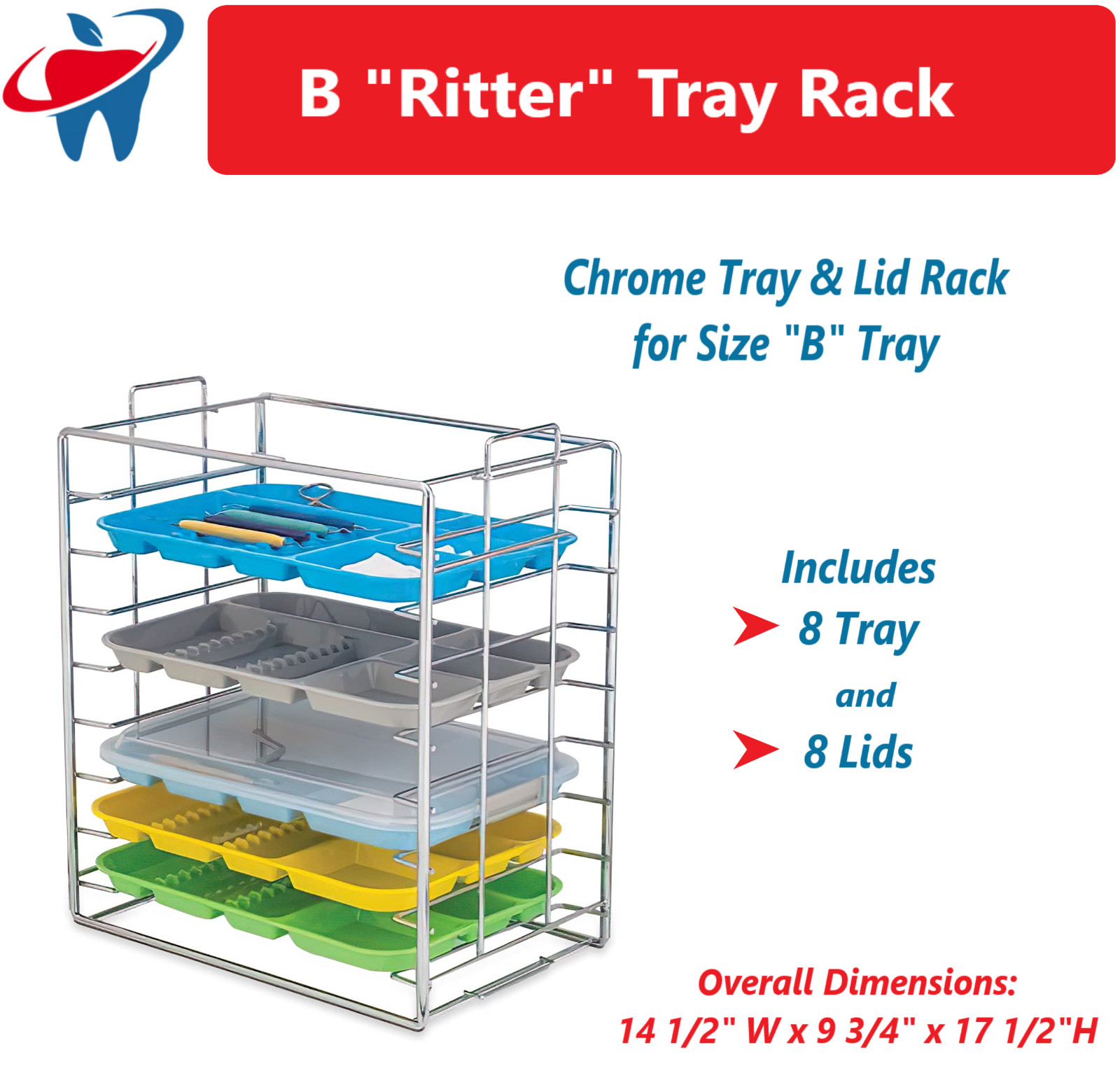 Dental Instrument Set Up B Ritter Tray Rack Includes 8 “B” Assorted Trays & Lids