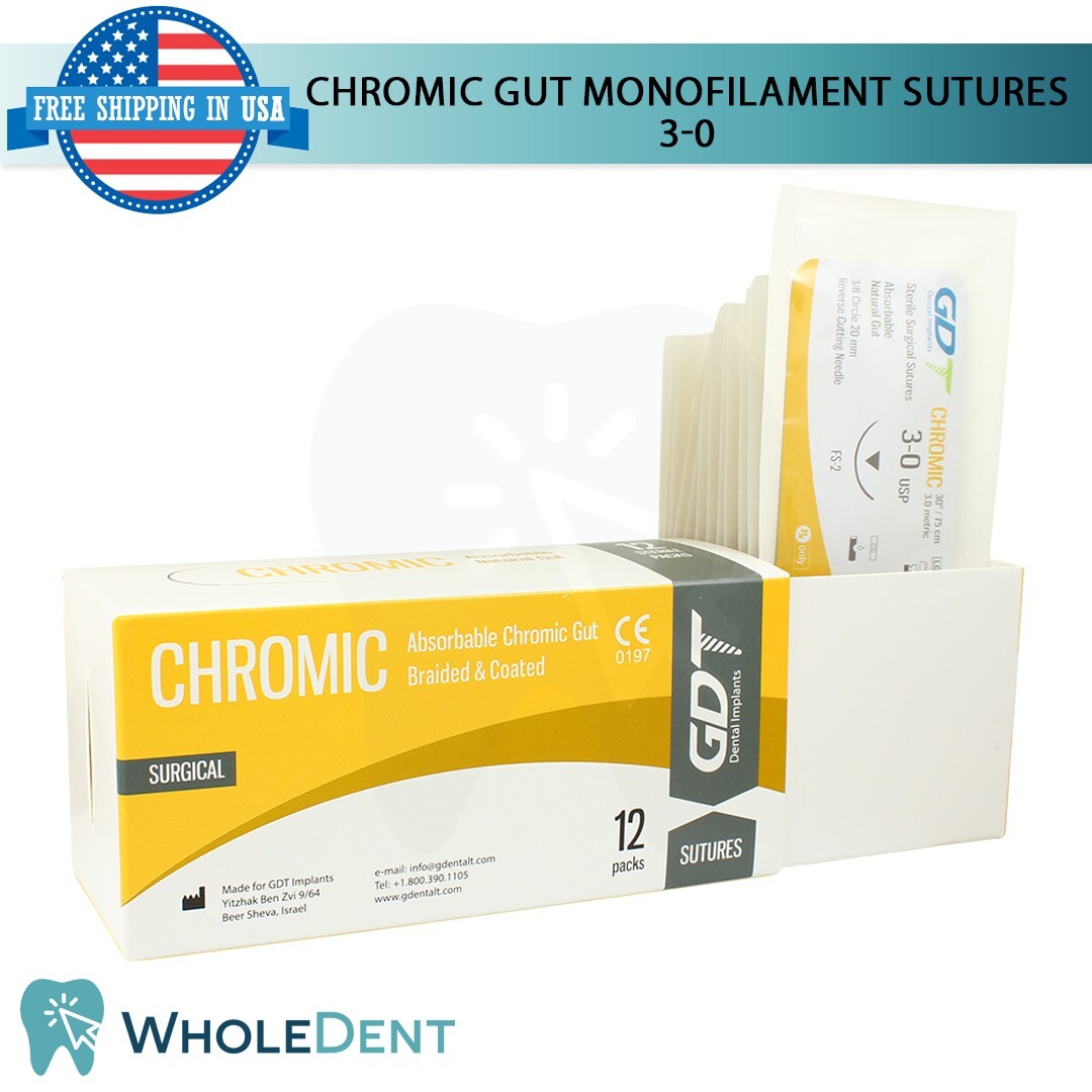 Chromic Sut ure Sewing Thread 3/8 Circle Reverse Sterile 3-0 USP 12pcs/Box 75cm