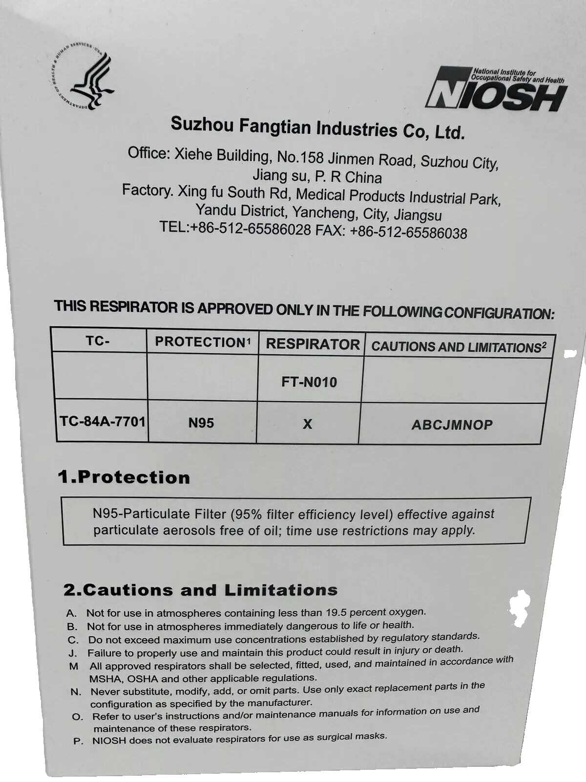 N95 Niosh FLTR Niosh 20 pcs Particulate Respirator