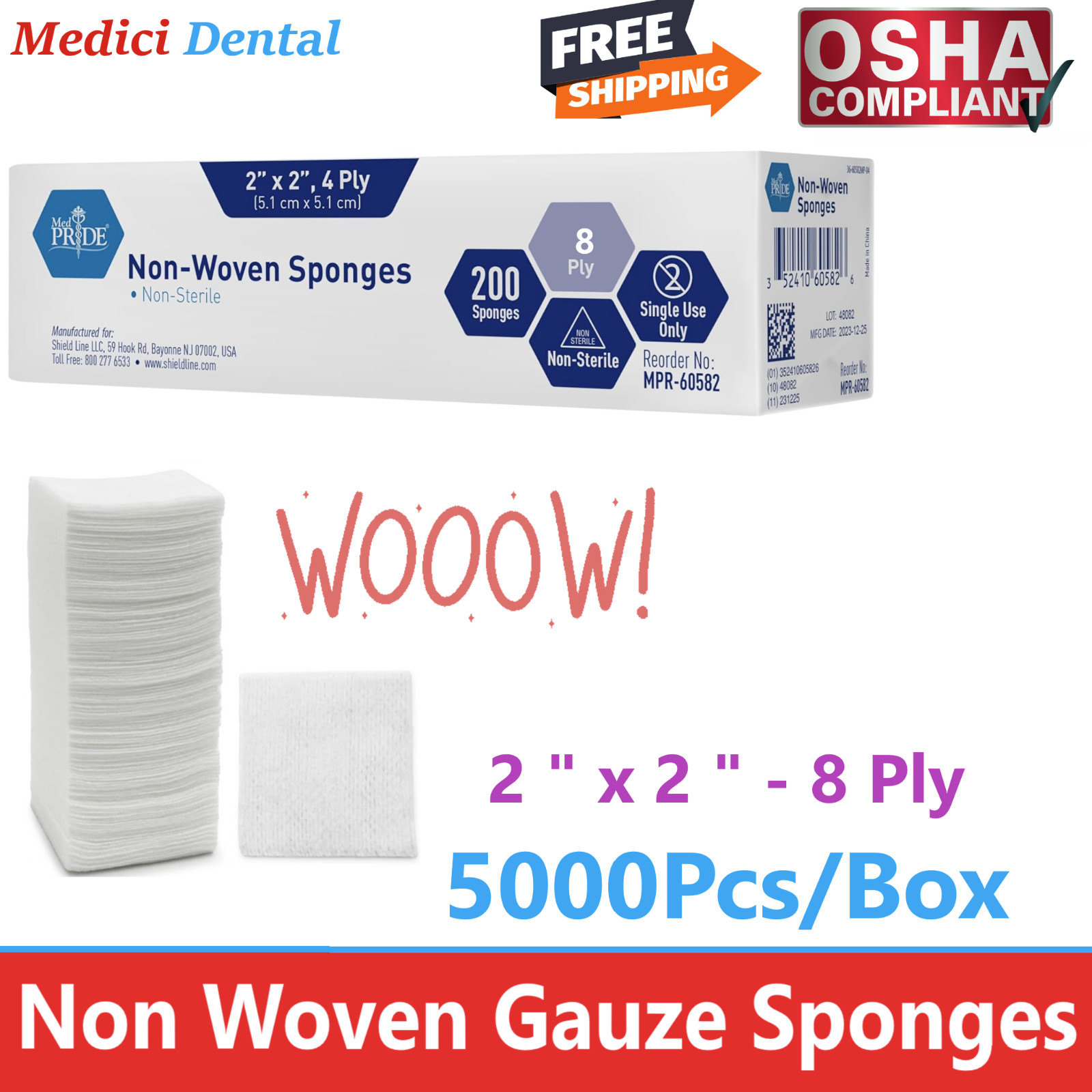 5000Pcs Dental 8-Ply Non-Woven Sponges Non-Sterile Cotton Gauze Size 2 ” x 2 “