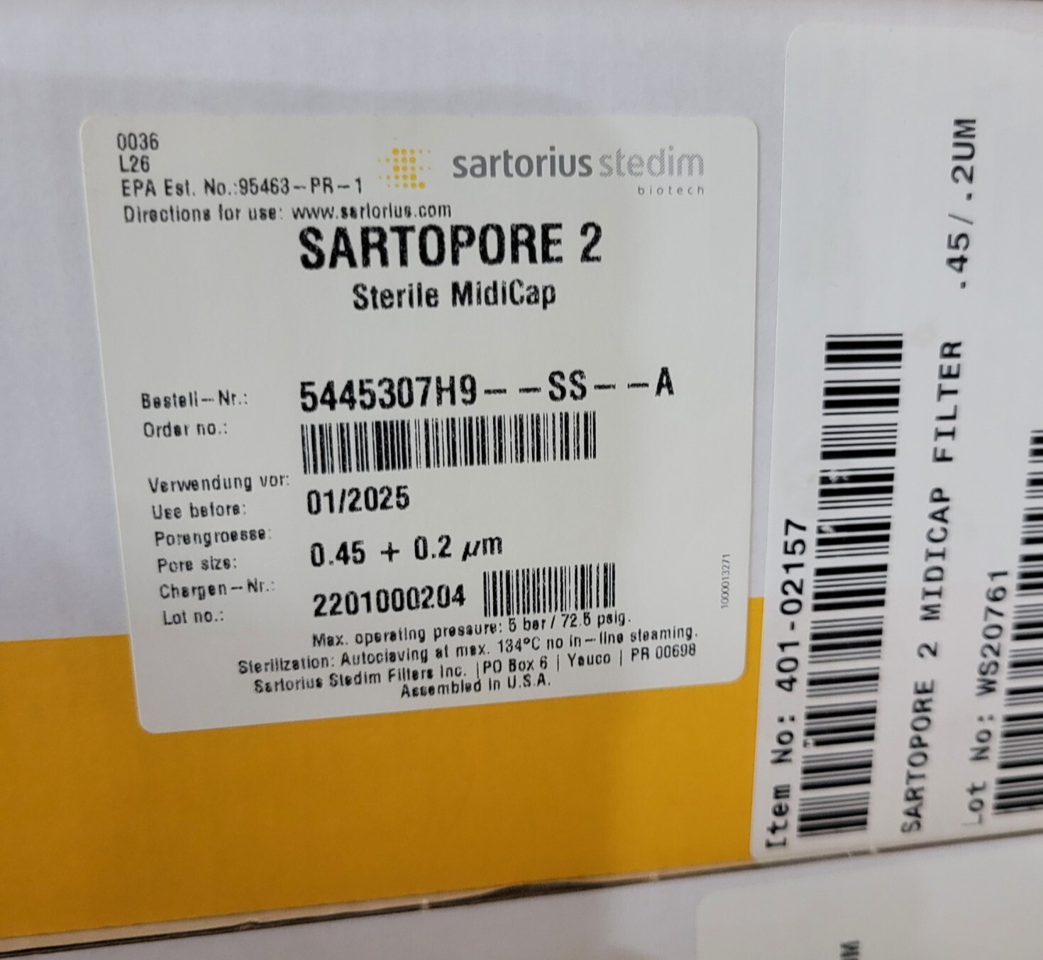 Sartopore 2 Sterile Midicap Filters 4/pk, 0.45 + 0.2 µm, Sartorius 5445307H9–SS