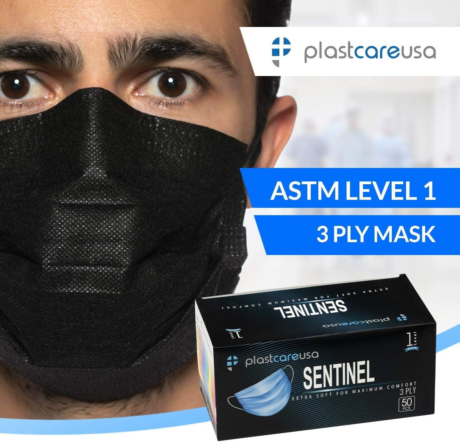 50pcs Black Mask Medical/Surgical ASTM Level1 PG-MBK1 3Ply 50Pcs/Box Made in USA