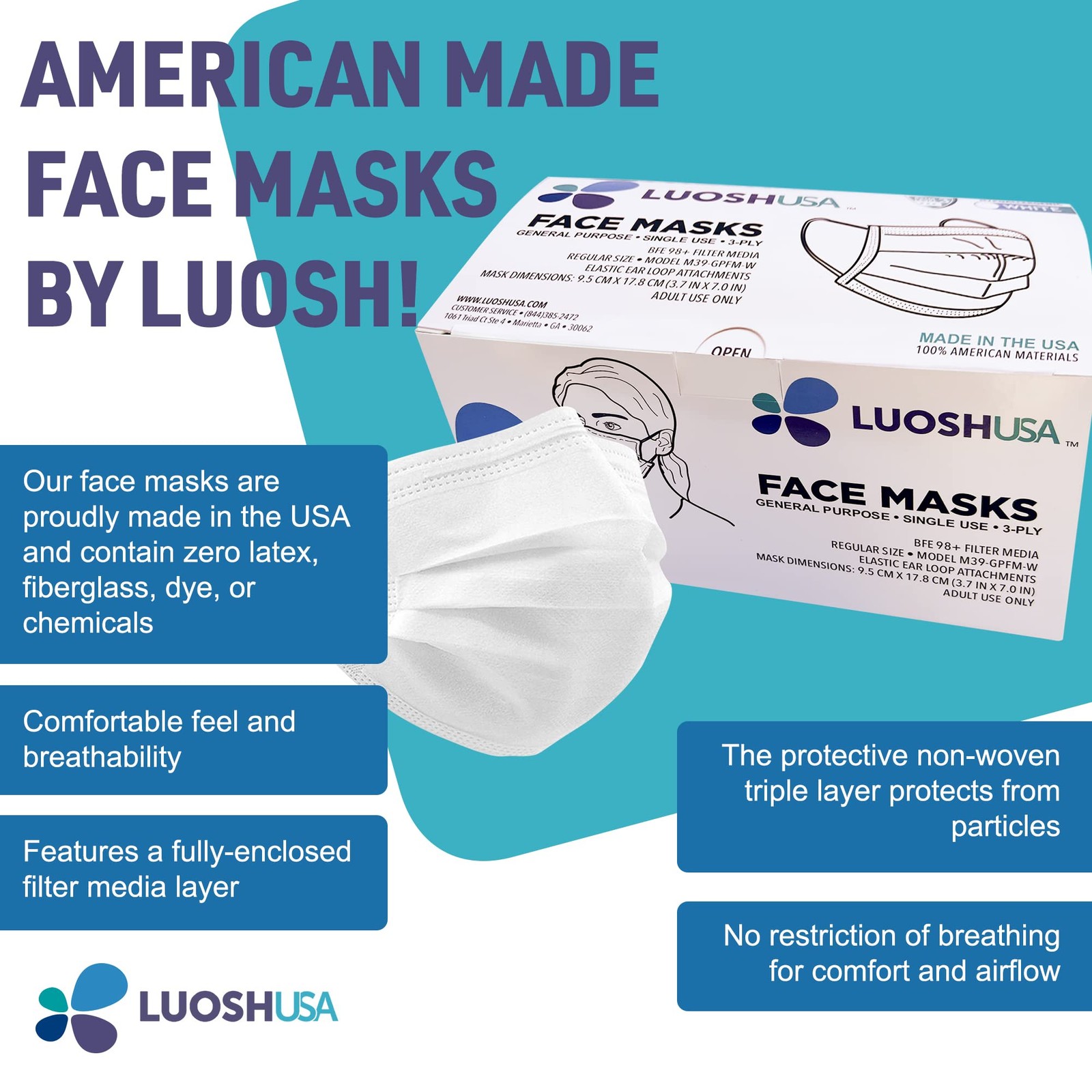 3 Ply Made in USA, 50 Pack Disposable Masks for Adults, ASTM Level 3, Large S…