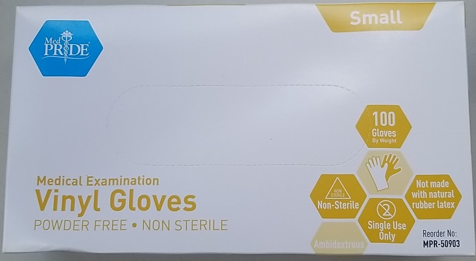 Medpride Medical Vinyl Examination Gloves, Latex Free Rubber, Size Small -100/Bx