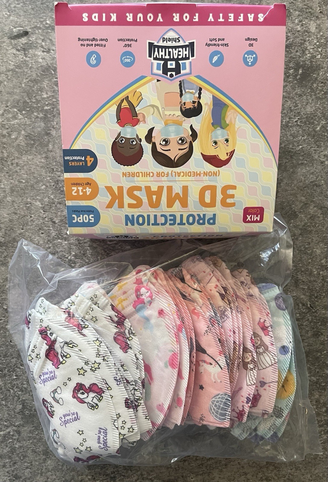 50 Cartoon 3D Kids BFE 95% Protective 4 Layer Face Mask Disposable Respirator