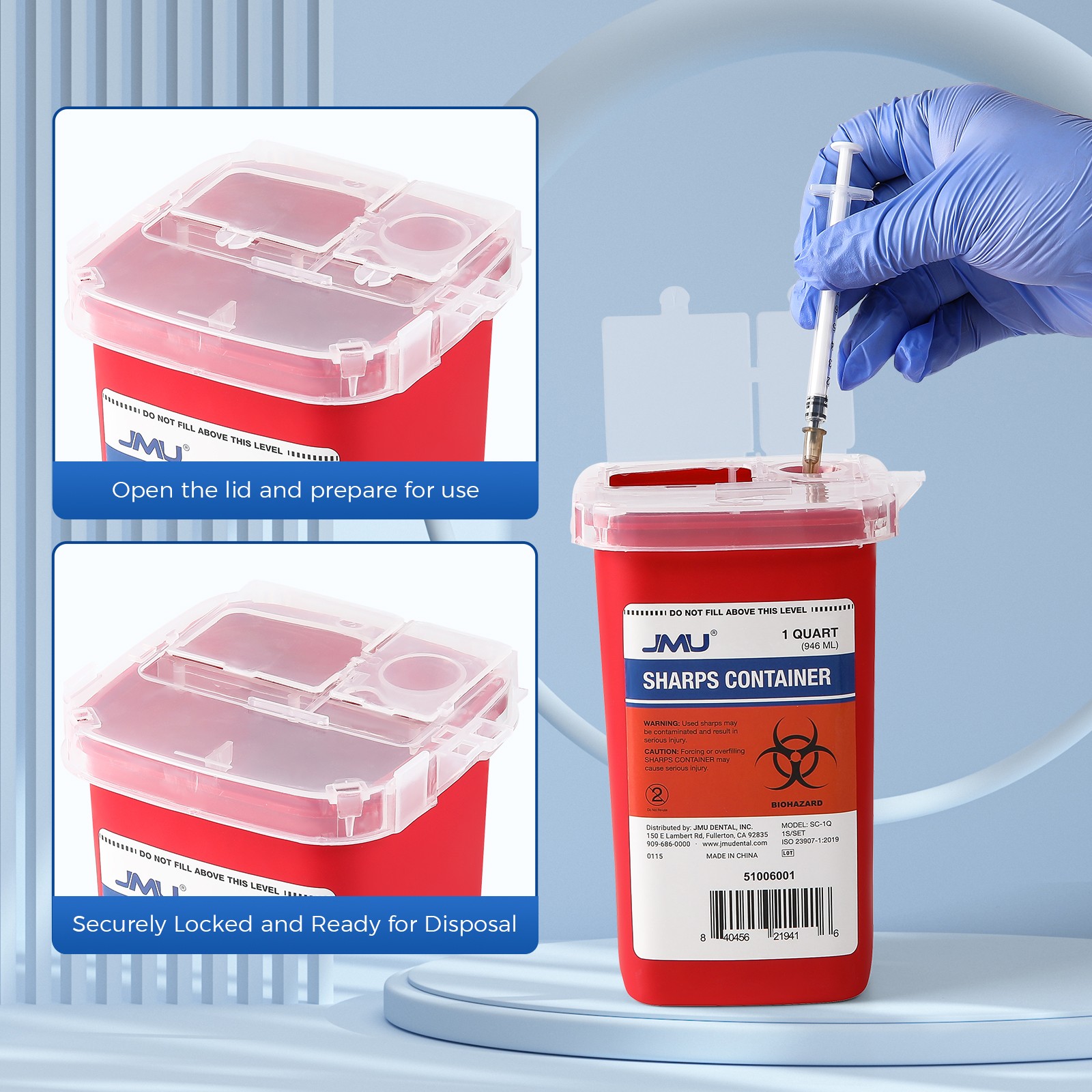1/3/5Each JMU Ever Ready Sharps Container Waste Disposal 1 Quarts / 32oz – RED
