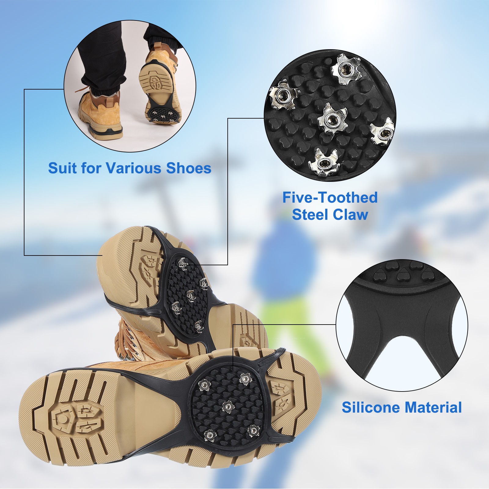 3 Pcs Non-Slip Spikes, 5 Tooth Steel Nails Ice Cleats, Black Size-M