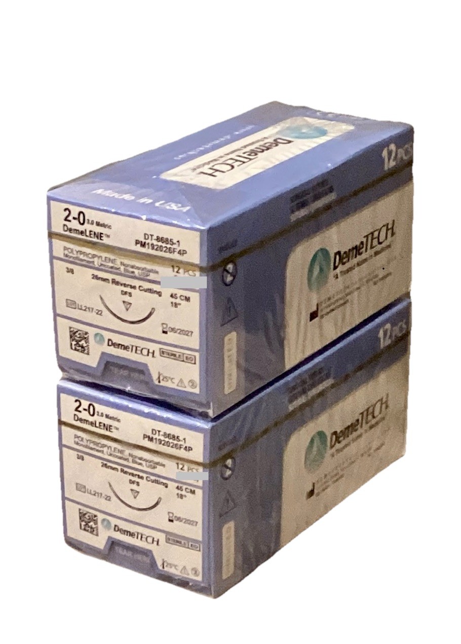 DemeLENE 2-0 Polypropylene Sutures 18” DFS 26mm RC 3/8c EXP 2027 NEW 2ct