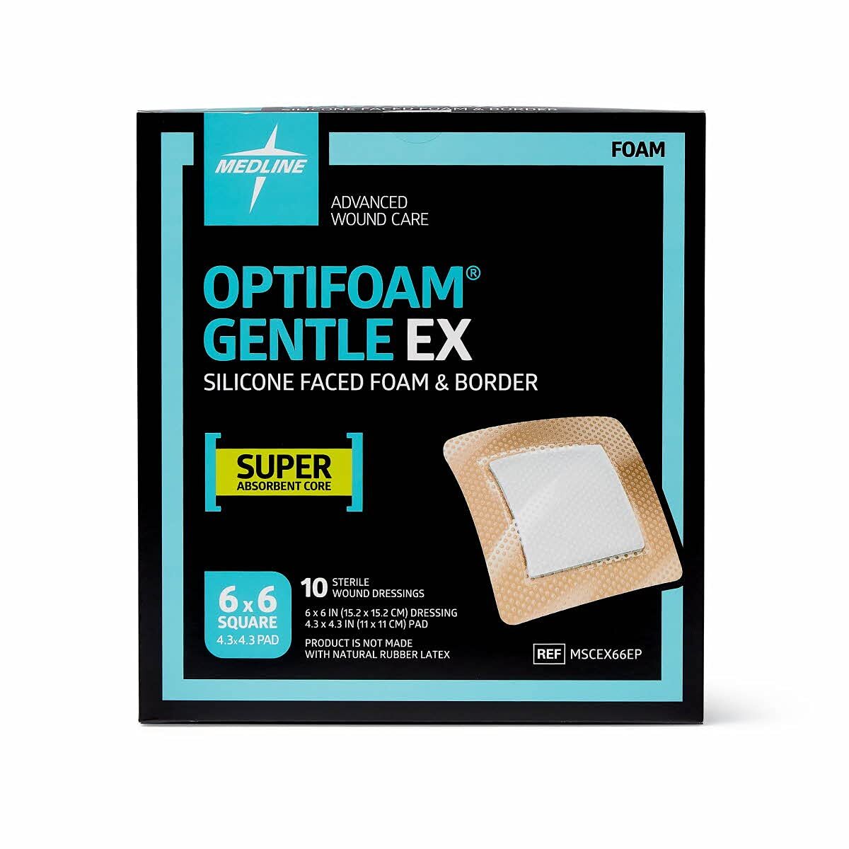 Medline Optifoam Gentle EX Bordered Foam Adhesive Dressing, 6″ x 6″ Square 10/BX