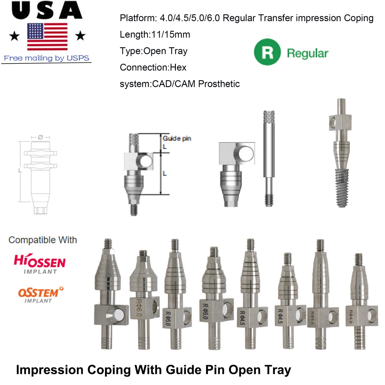 US Dental Impression open tray coping transfer Hiossen ET/Oss TS Hex Regular fit