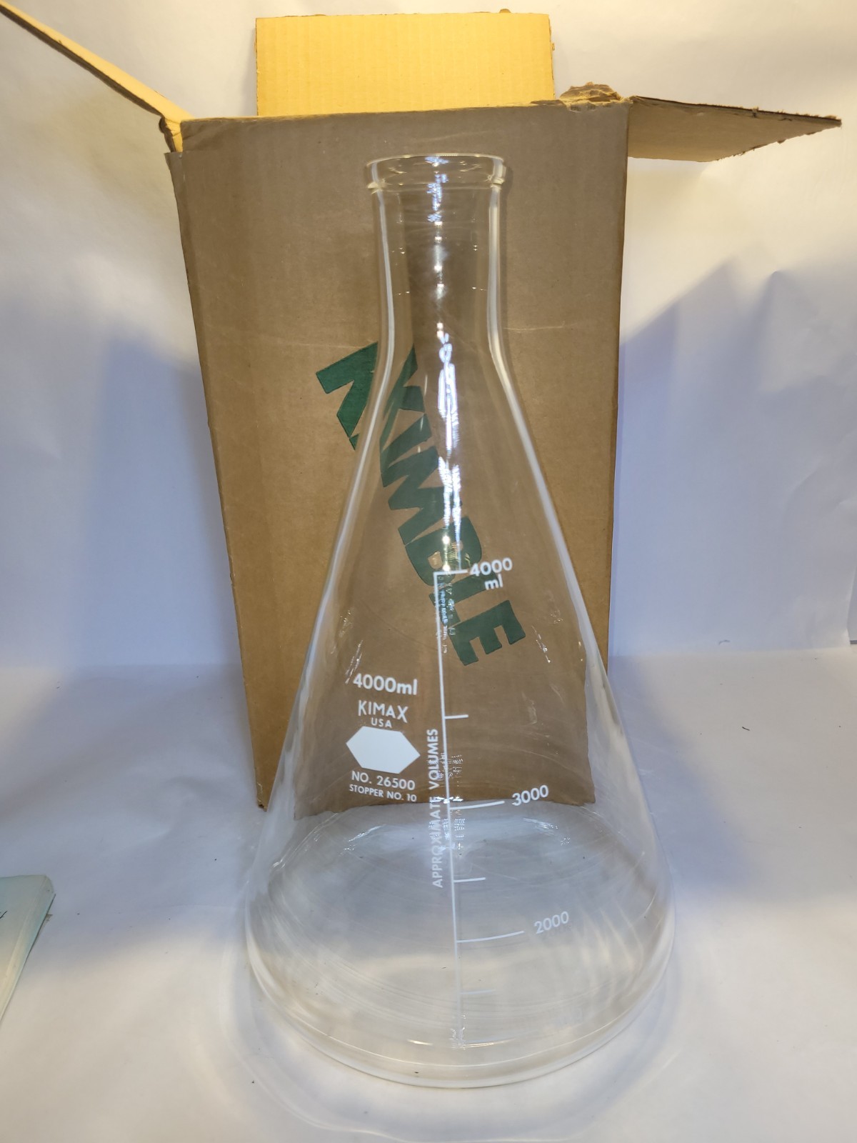 KIMAX 4000mL 4L Glass Graduated Heavy Duty Rim Erlenmeyer Flask 26500-4000