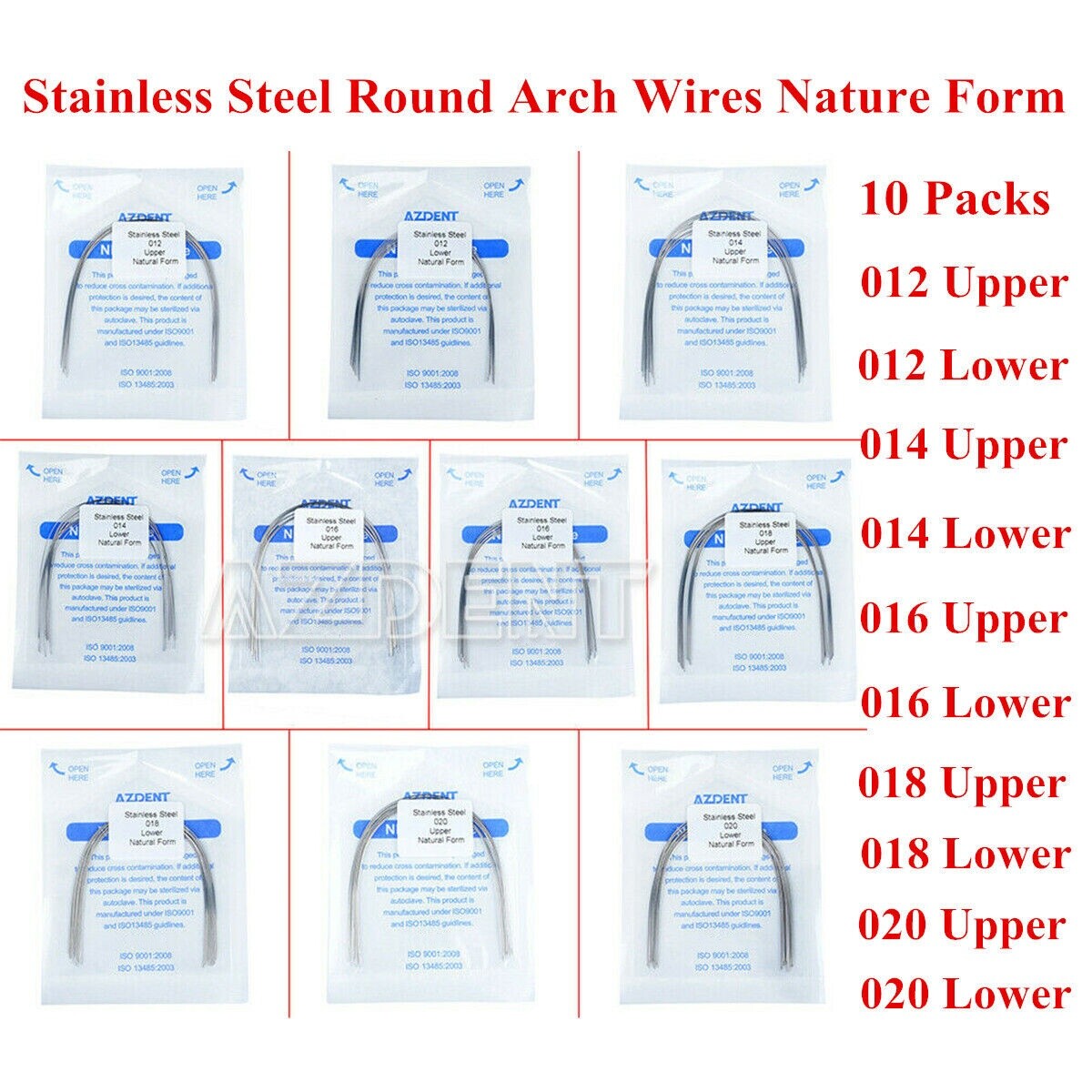 10Packs AZDENT Dental Orthodontic Stainless Steel Round Arch Wires Natural Form