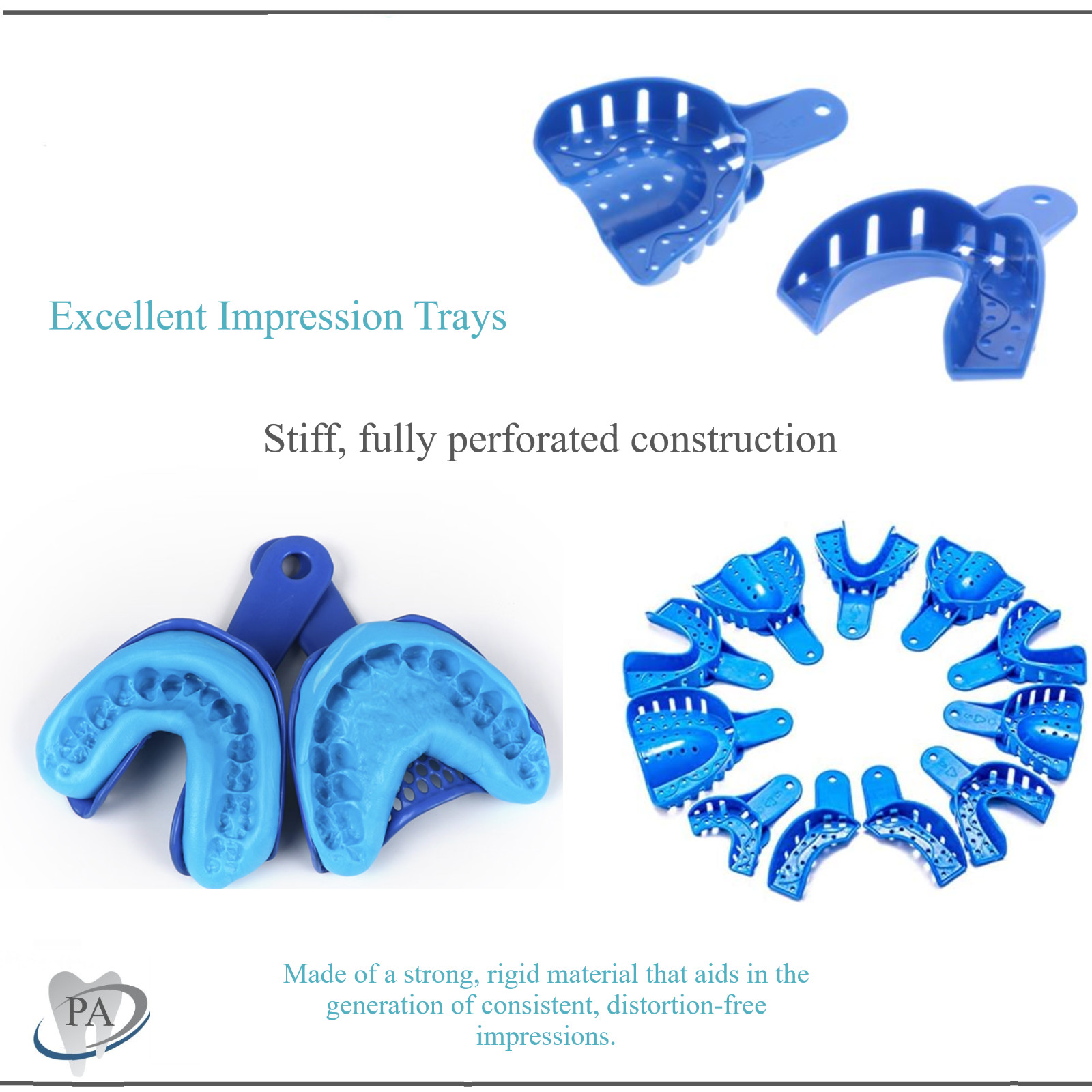 12Pc Dental Impression Trays Plastic Perforated Denture Upper/Lower, S, M, L, XL