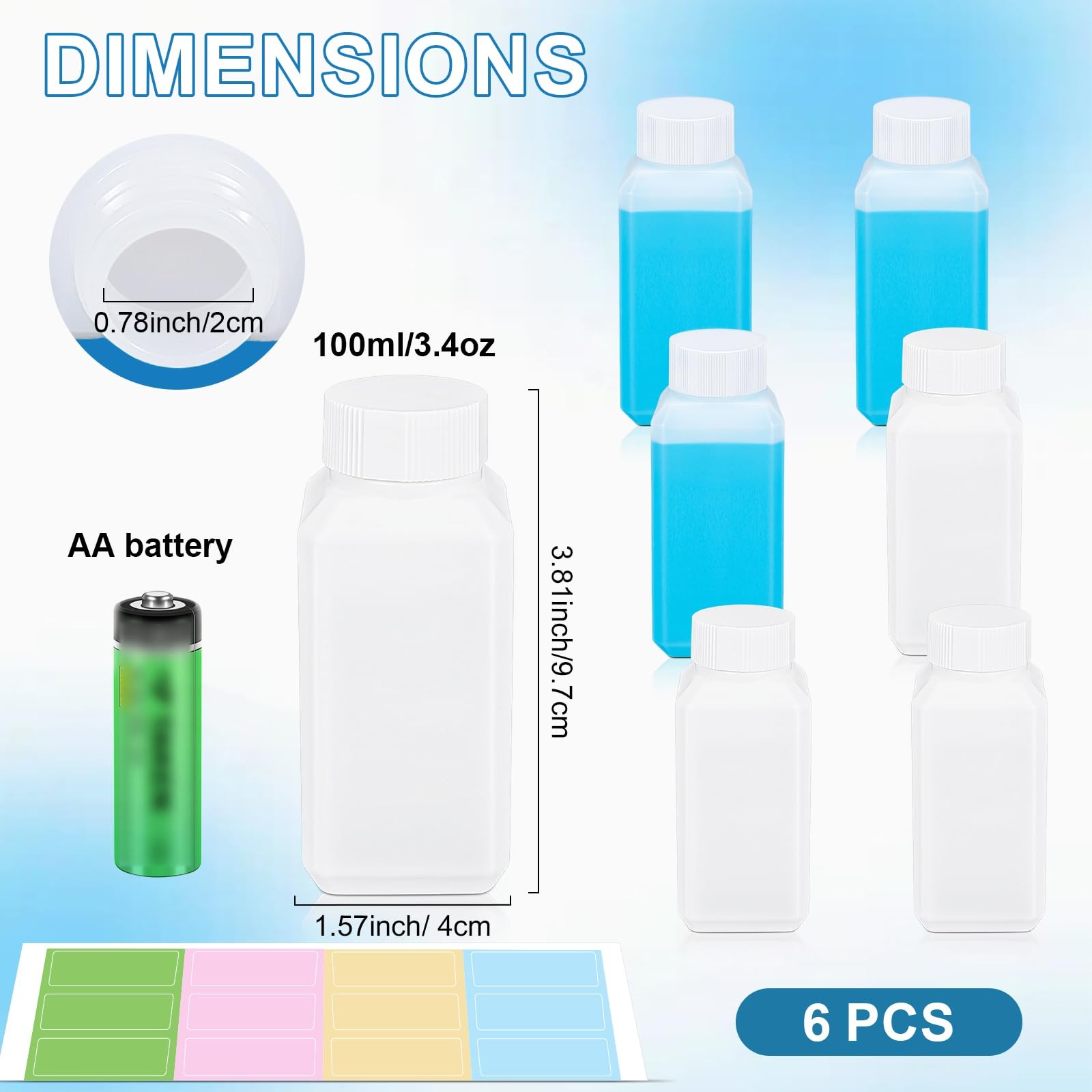3.4oz Leak Proof Plastic Bottles with Caps, 3.4oz, Translucent+White