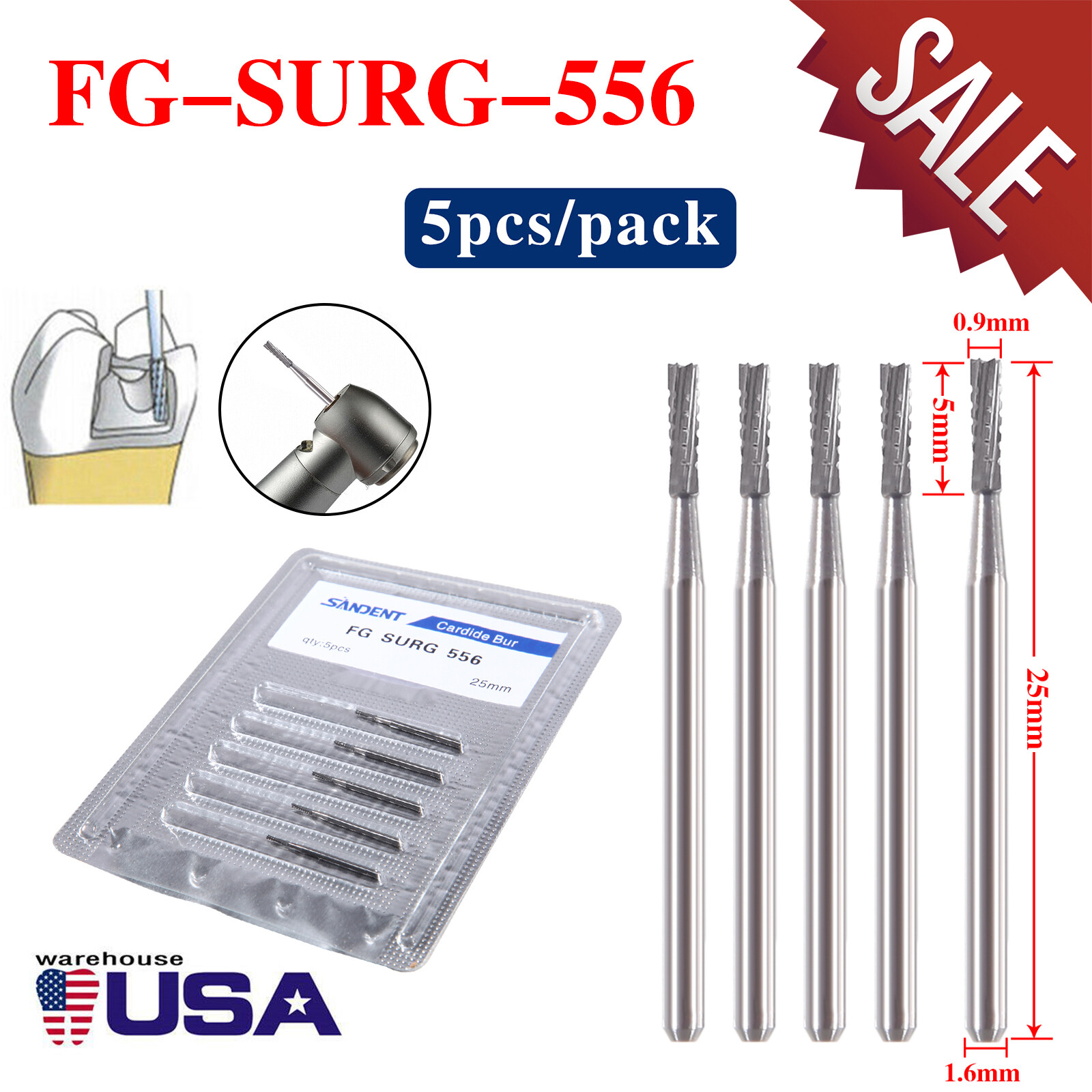 Dental Carbide Flat Fissure Burs Surgical Length FG SURG 25mm FG 556 High Speed