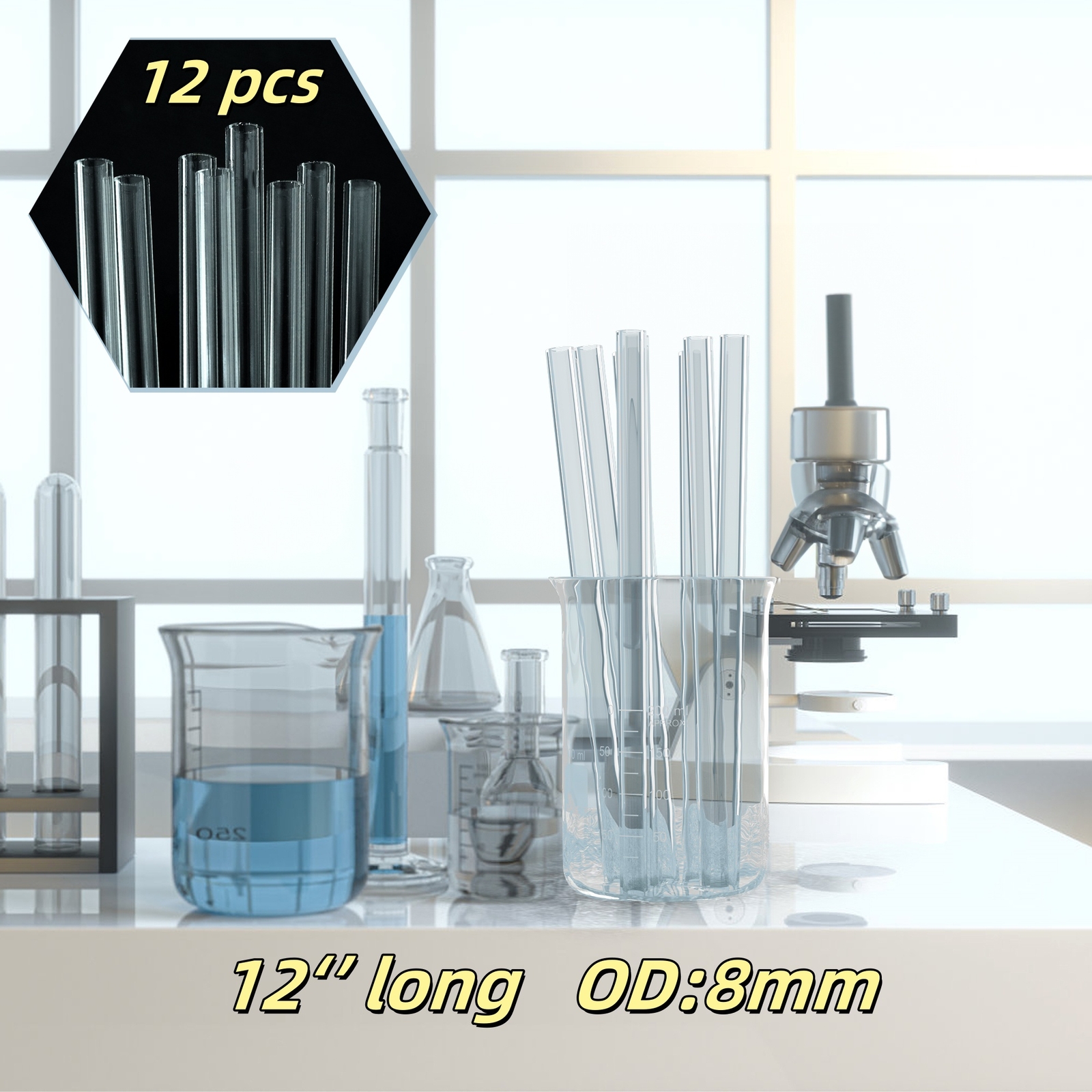 12 x Borosilicate Pyrex Glass Tubing Blowing Tubes 12″ Long 8mm OD 1.2mm Thick