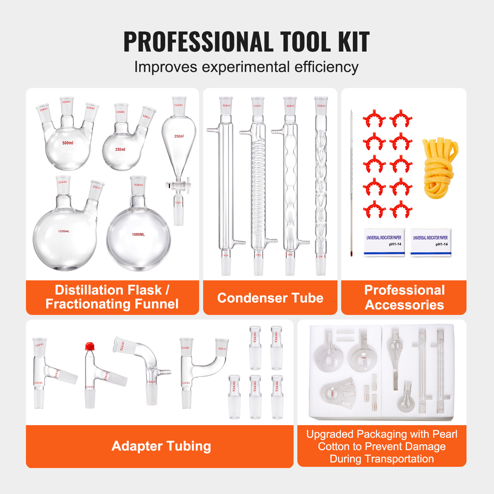 VEVOR Lab Glassware Distillation Kit 1000ml 3.3 Boro 32 pcs Glassware Equipment