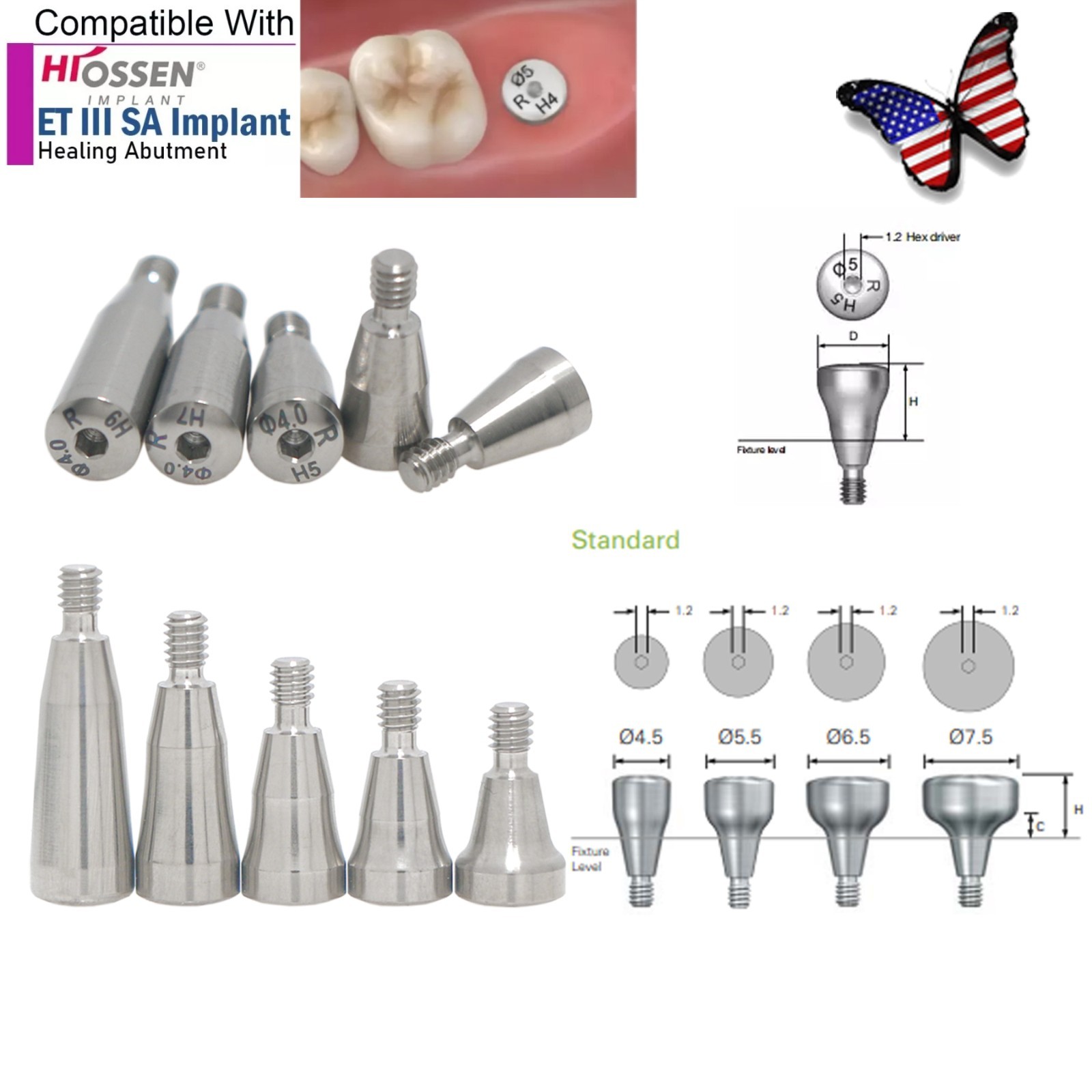 5Pcs Healing Cap Abutment Internal Hex Hiossen & Osstem Mini Regular Cover Screw