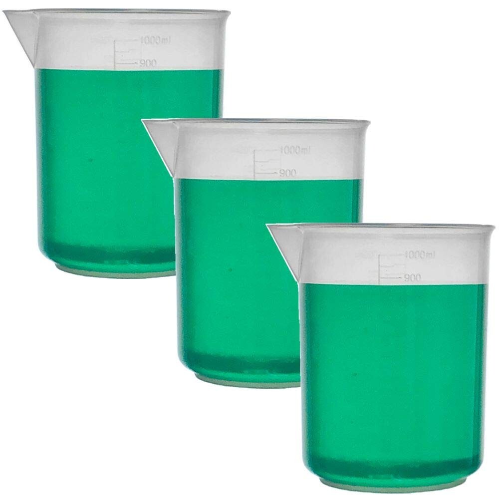 1000ml Plastic Beaker, Low Form, Reusable, PP, Molded Graduations (Pack of 3)