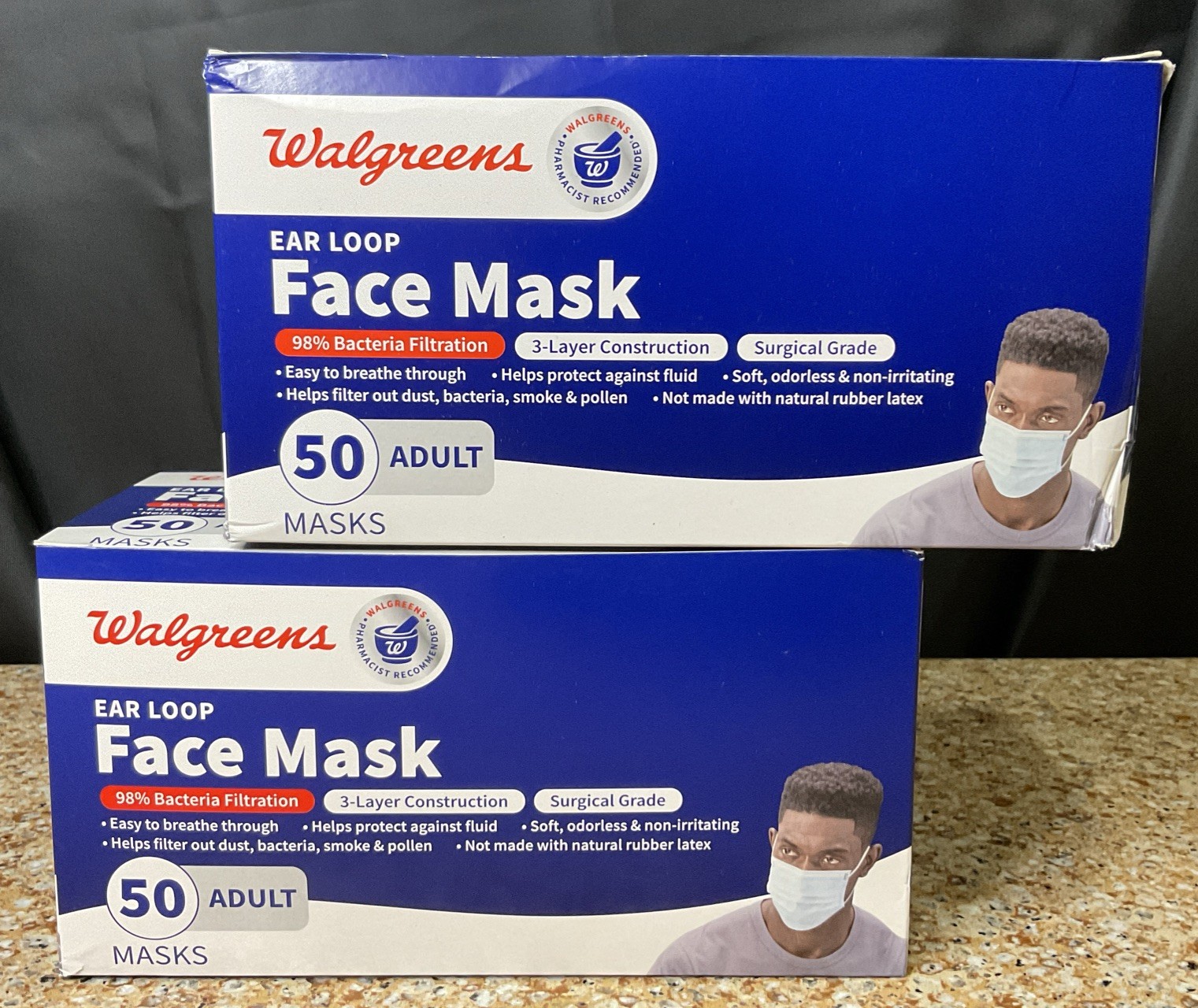 Walgreens Ear Loop Face Mask Box 50 Count (100 Total) 3 Layer Adult Sz/Lot Of 2