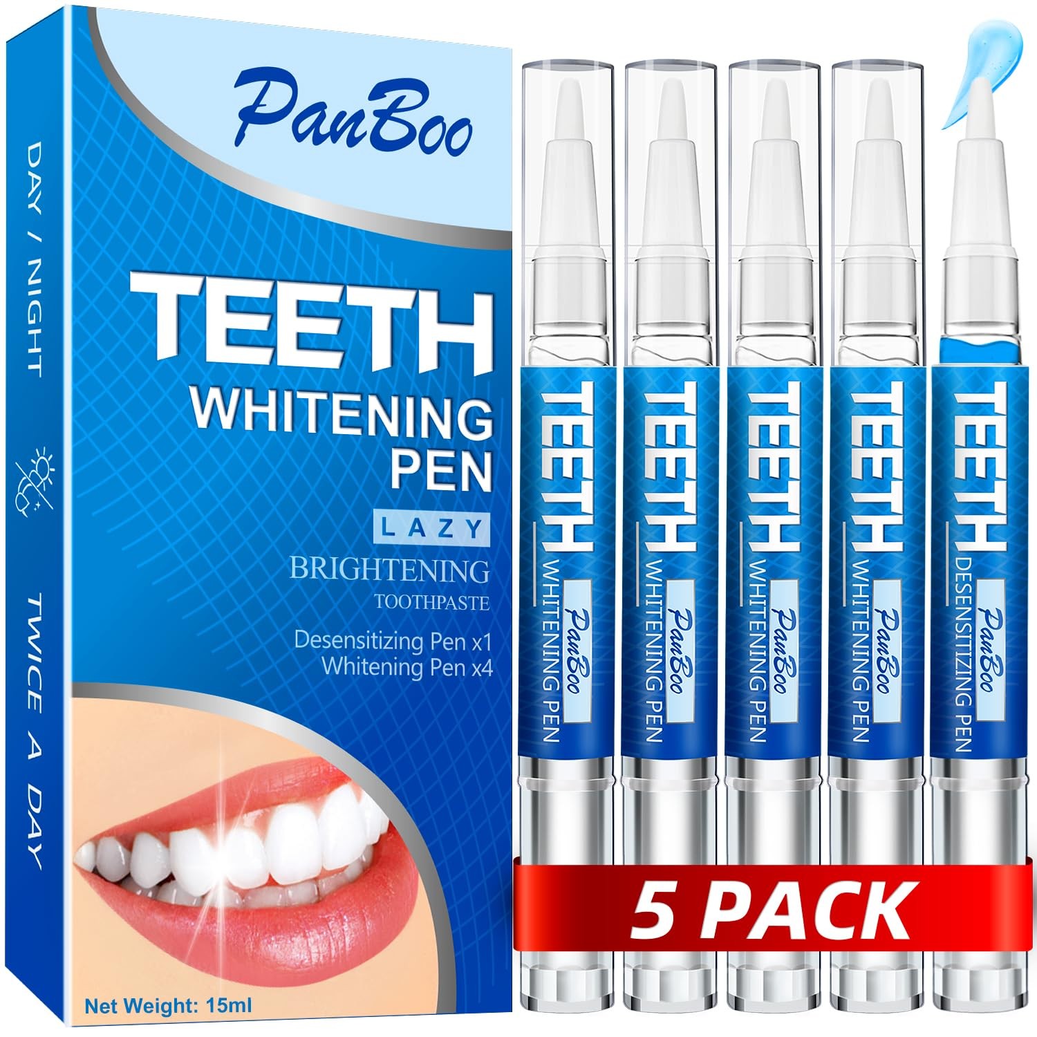 Teeth Whitening Pen 4+1(5 Pack), 70+ Treatments, 0.24 Fl Oz (Pack of 5), Bule