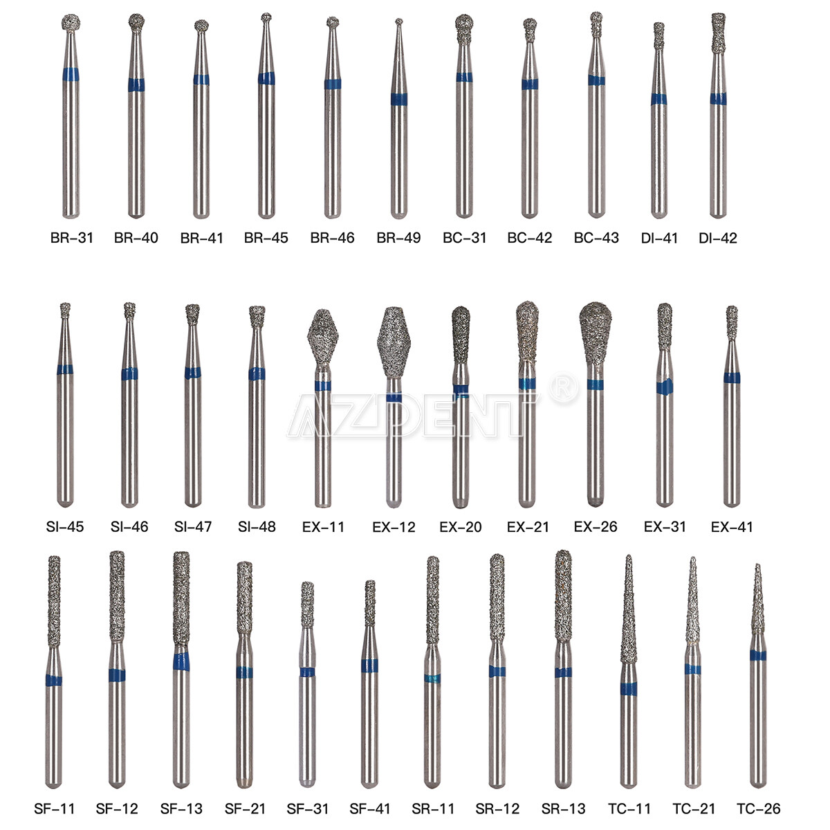 20X (100pcs) 100 Types AZDENT Dental Diamond Burs for High Speed Handpiece