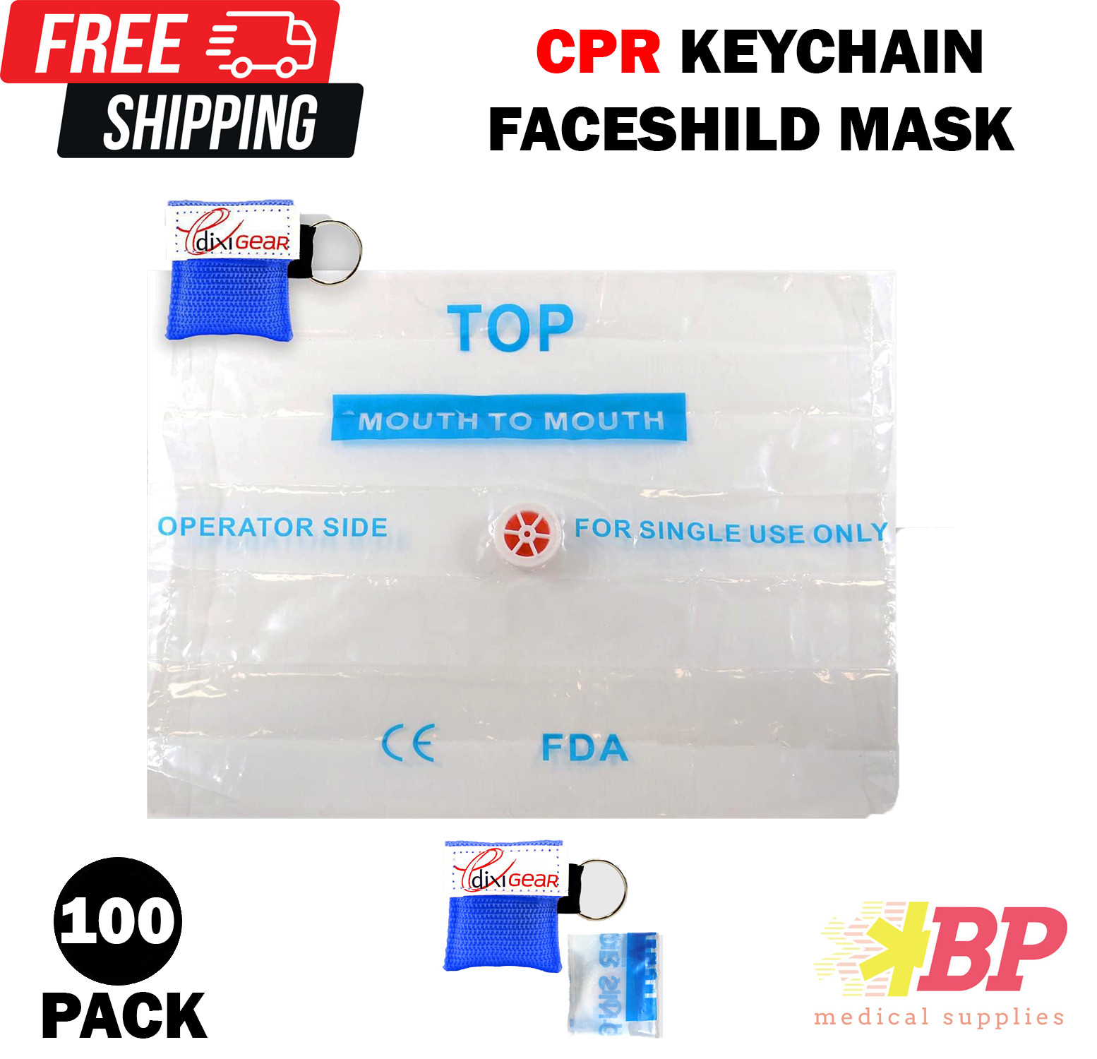 CPR Mask with Keychain Emergency Face Shield with One-Way Valve Blue – 100 Pack