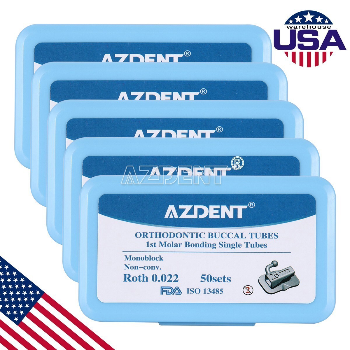 50x Dental AZDENT Orthodontic Buccal Tubes Roth .022 1st Molar Bondable Tubes