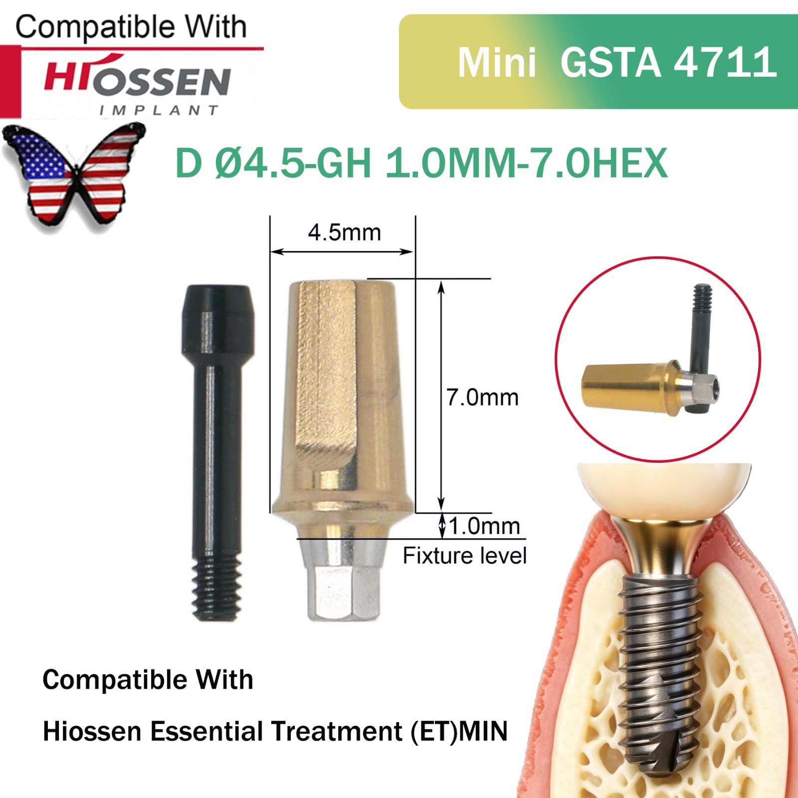 Straight Abutment Fit Osstem Hiossen ET Mini Regular Hex Implant Cement Retained