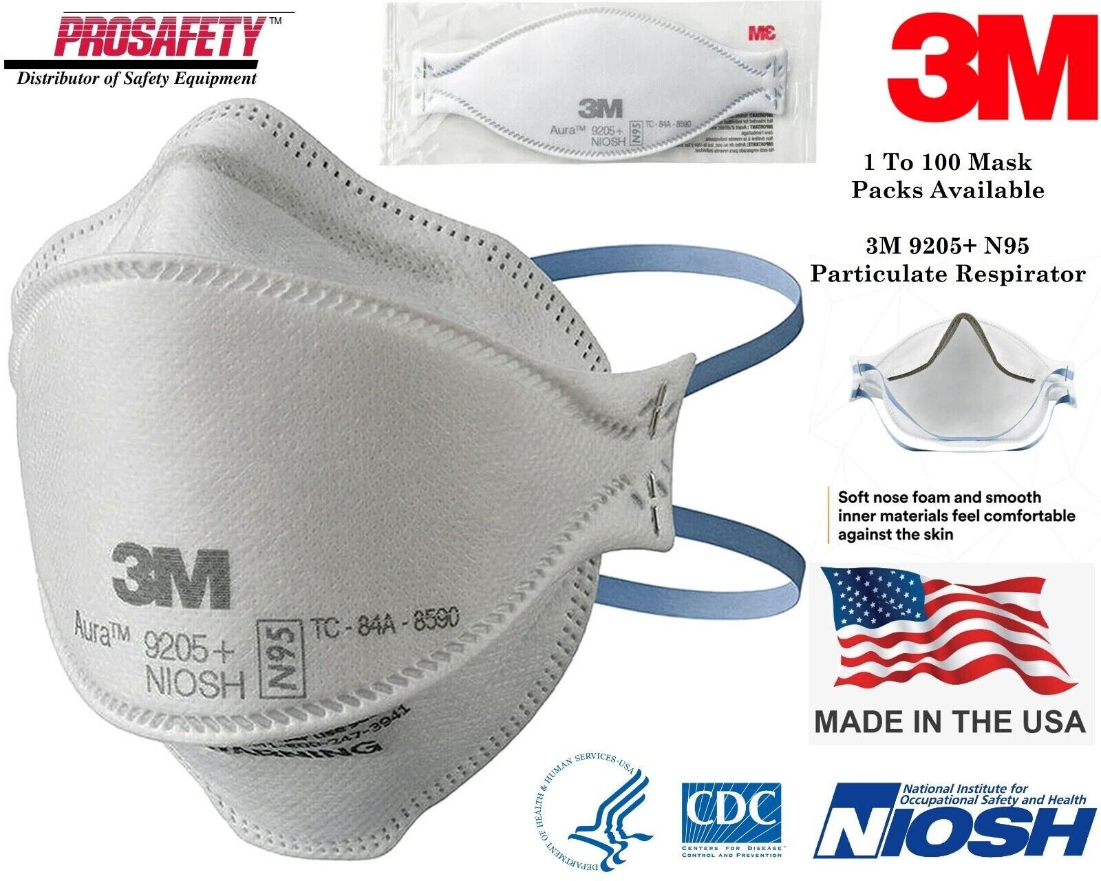 3M 9205+ AURA N95 NIOSH Approved Particulate Respirator Mask Face Masks USA MADE