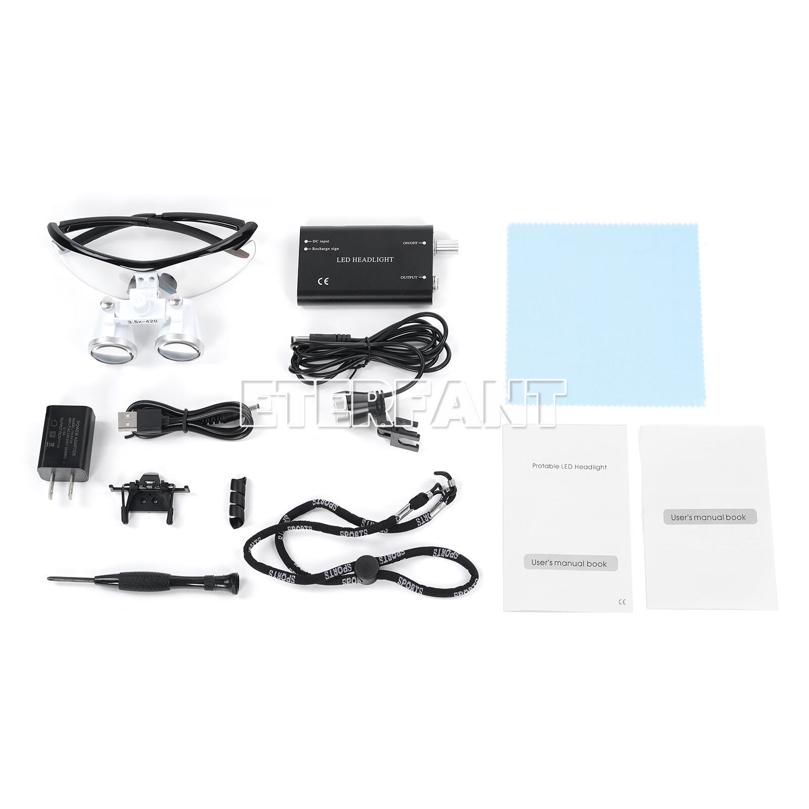 ETERFANT Dental 3.5x Magnifier Medical Binocular Loupes+3W LED Head Light Lamp