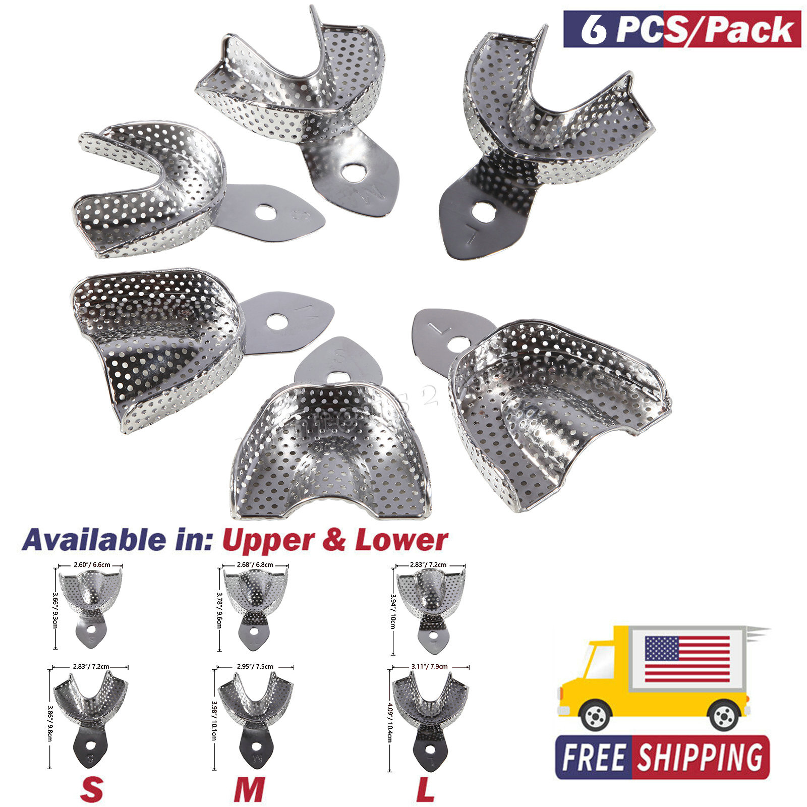 Dental Impression Trays Stainless Steel Perforated 6PC Upper+Lower S/M/L SKYSEA