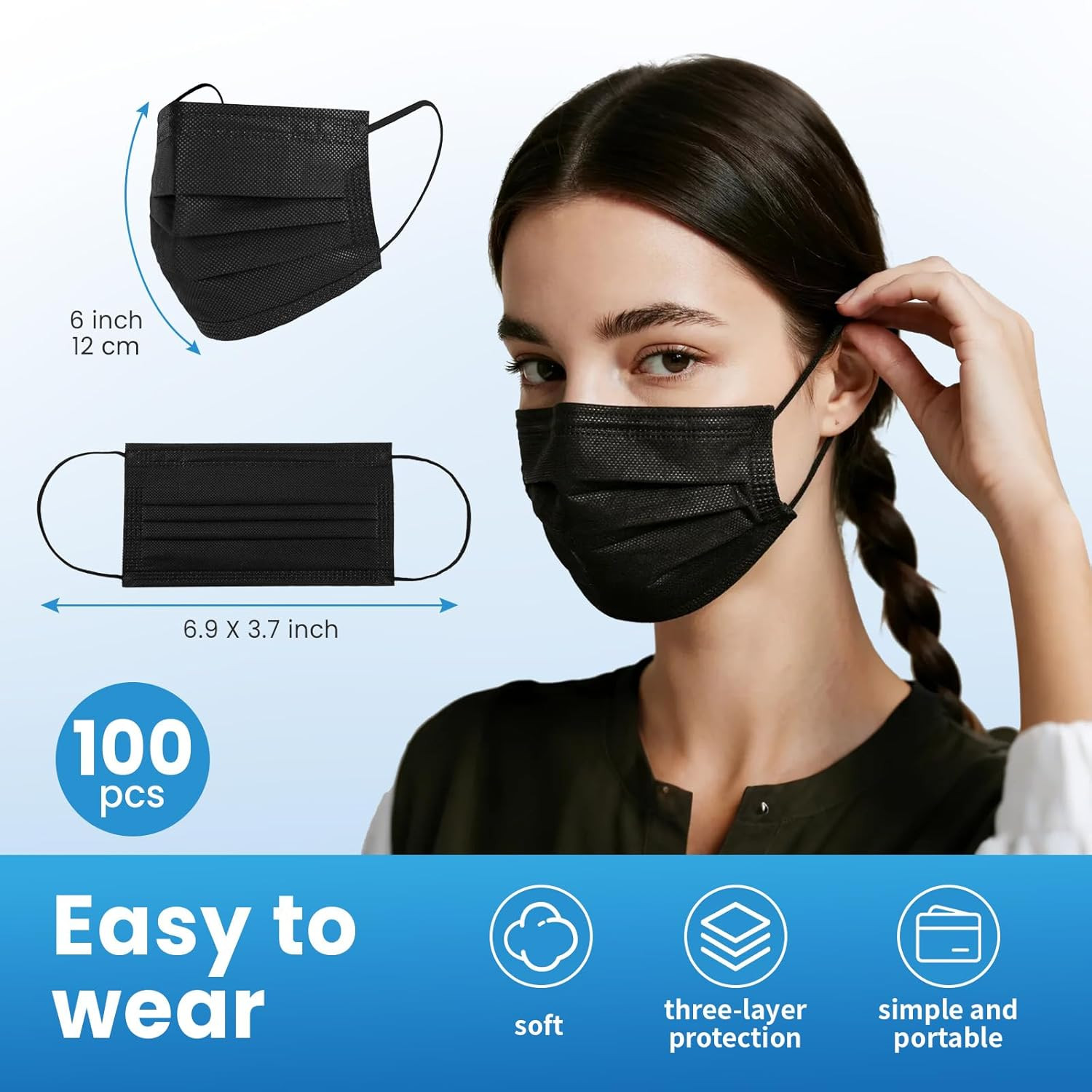 Disposable Face Mask, 100 PCS Black Masks, 3 Ply Protection Face Masks