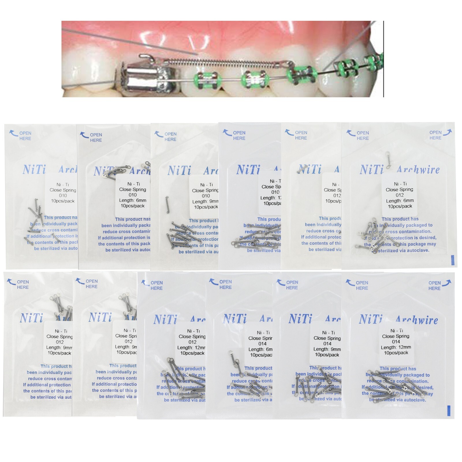 Dental Orthodontic Niti Open Closed Coil Spring Arch Wire 010 012 6/9/12mm 180mm