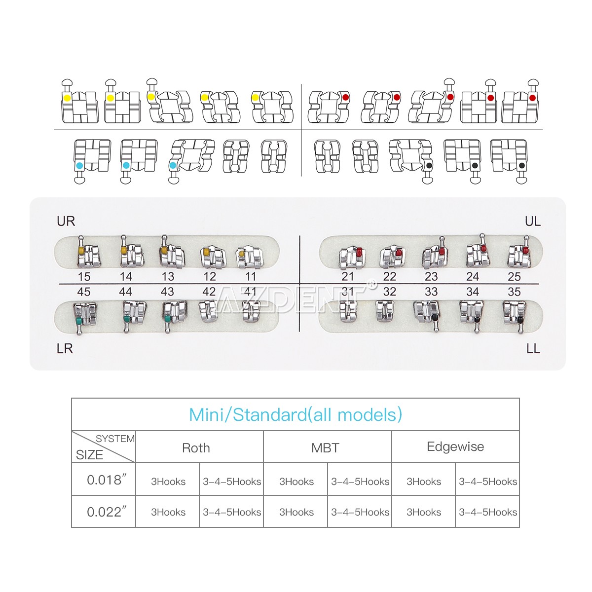 20X Dental Orthodontics Brackets Standard MBT Roth Slot.022/018 Hook 3-4-5 /3