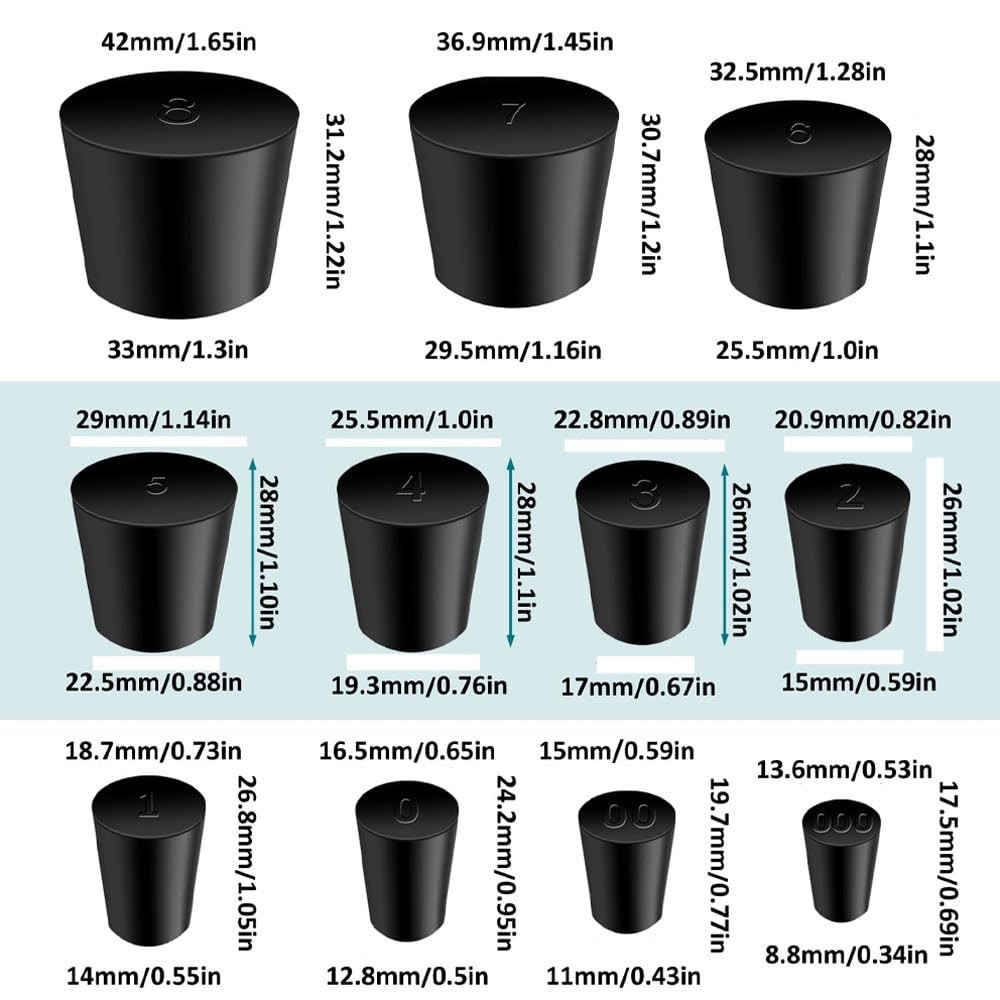 24Pcs Solid Rubber Stoppers 000# – 8# Tapered Lab Bungs 24pcs, Black