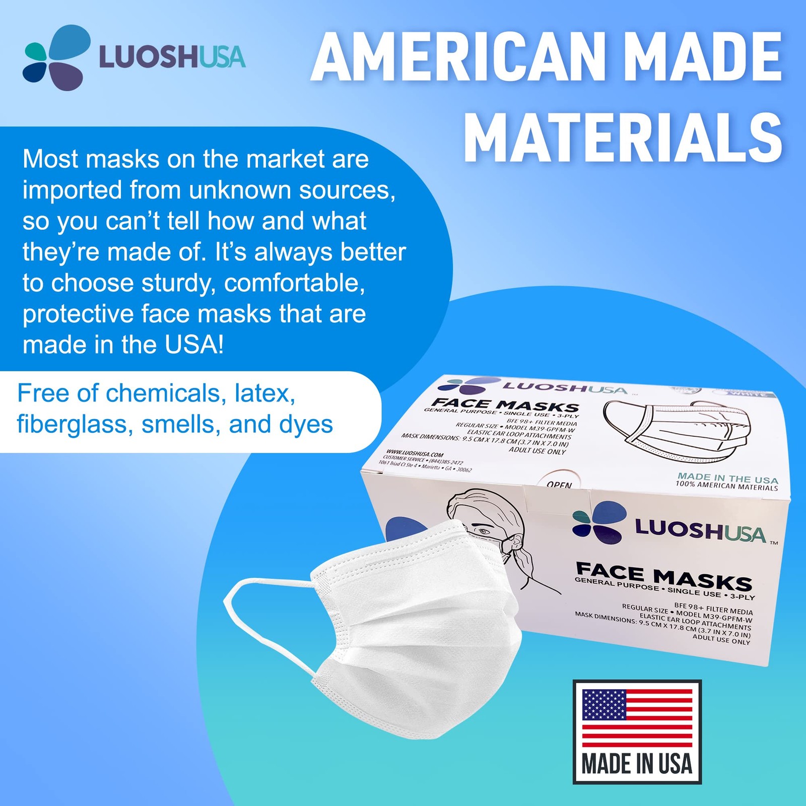 3 Ply Made in USA, 50 Pack Disposable Masks for Adults, ASTM Level 3, Large S…